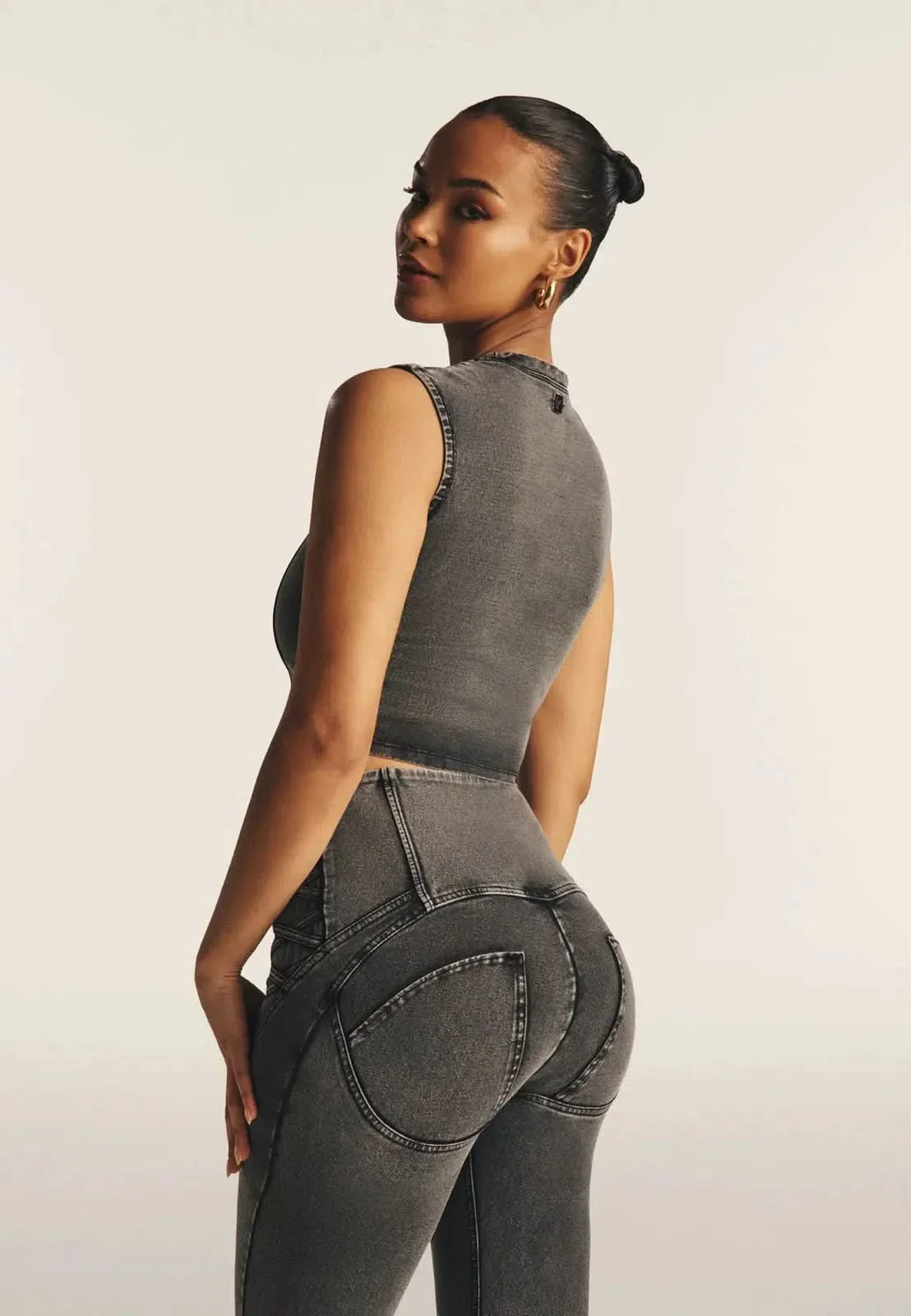 Cropped Tank Criss Cross Detail - Dark Grey Denim - Image 2
