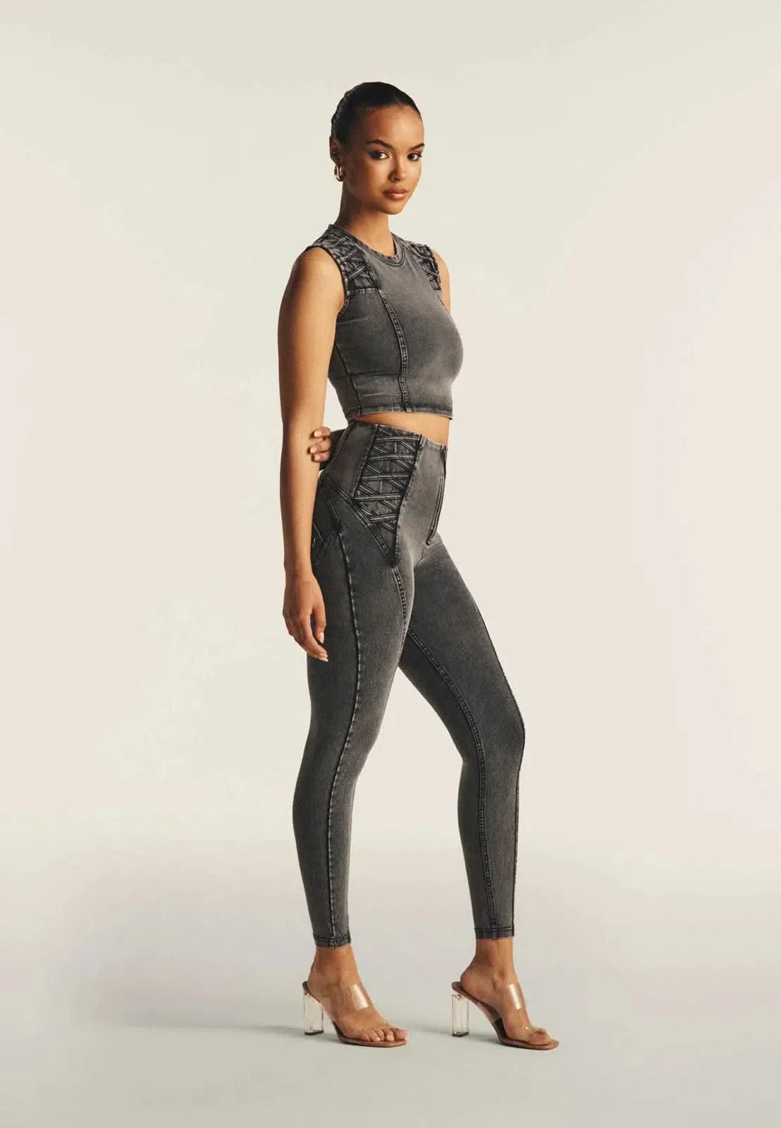 Cropped Tank Criss Cross Detail - Dark Grey Denim - Image 4