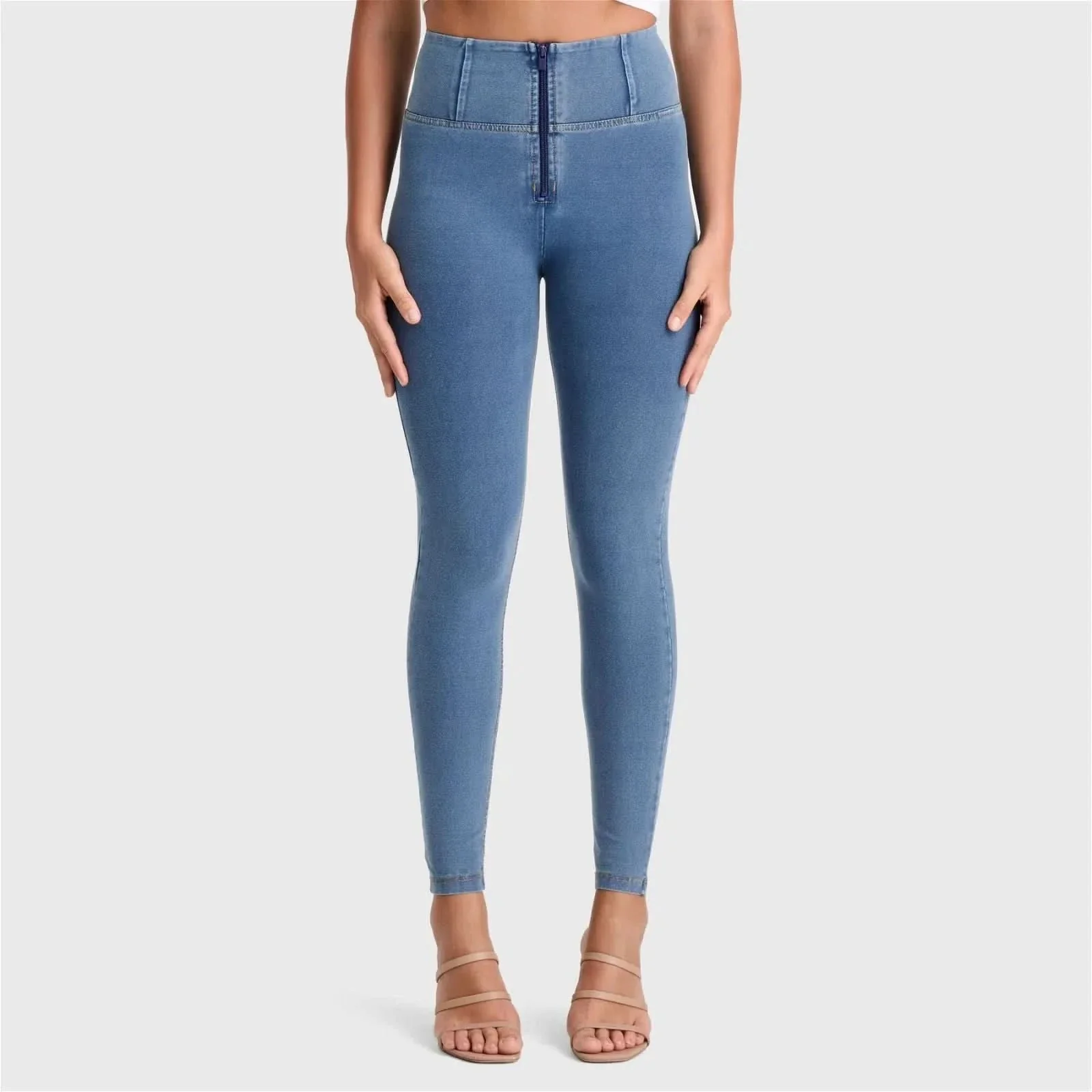 WRUP Denim - High Waisted - Full Length - Light Blue + Yellow Stitching - Image 4