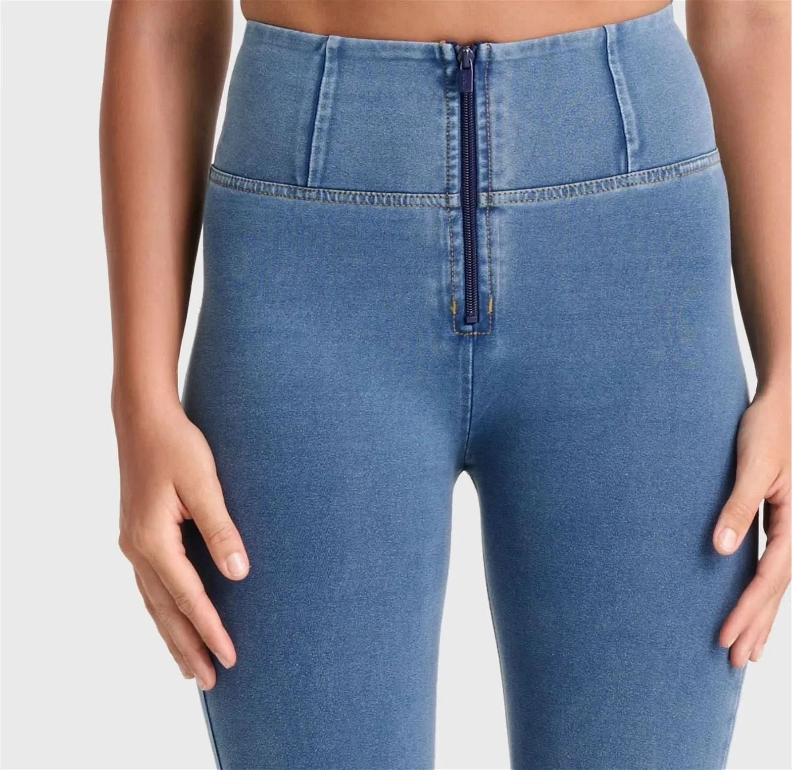 WRUP Denim - High Waisted - Full Length - Light Blue + Yellow Stitching - Image 7