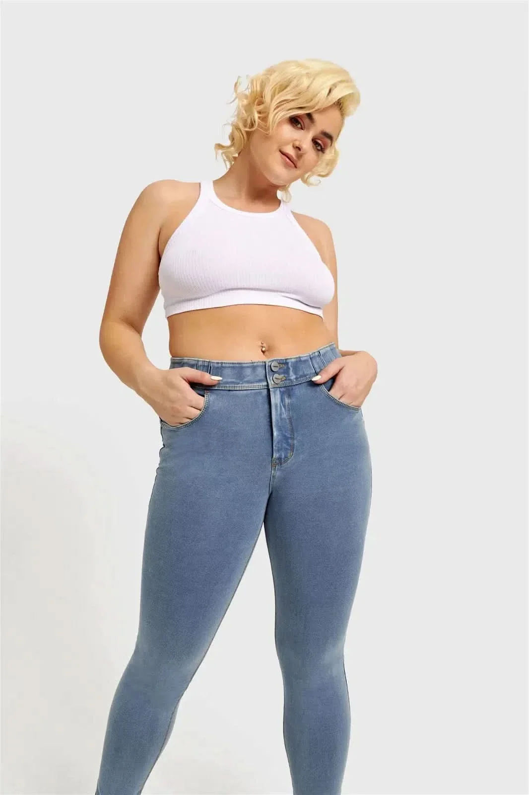 N.O.W® Denim - High Waisted - Full Length - Light Blue + Yellow Stitching - Image 14