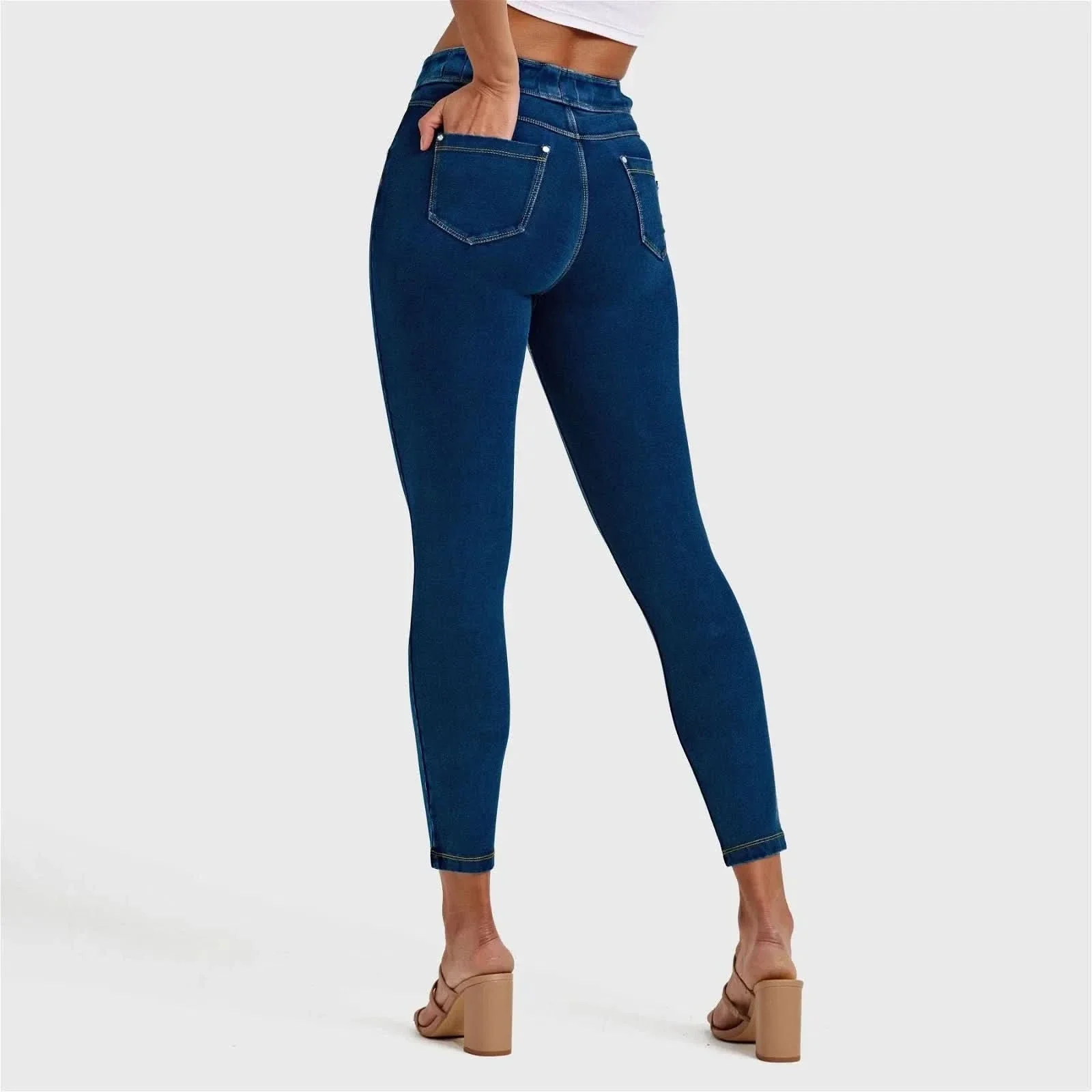 N.O.W® Denim - High Waisted - Ankle Length - Dark Blue + Yellow Stitching - Image 7