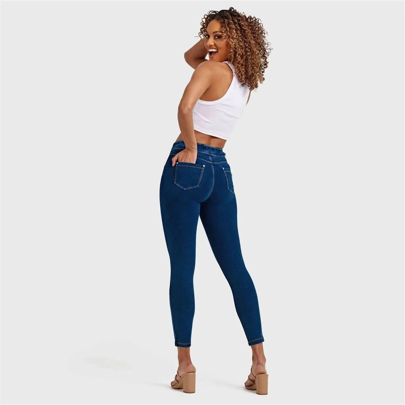 N.O.W® Denim - High Waisted - Ankle Length - Dark Blue + Yellow Stitching - Image 3