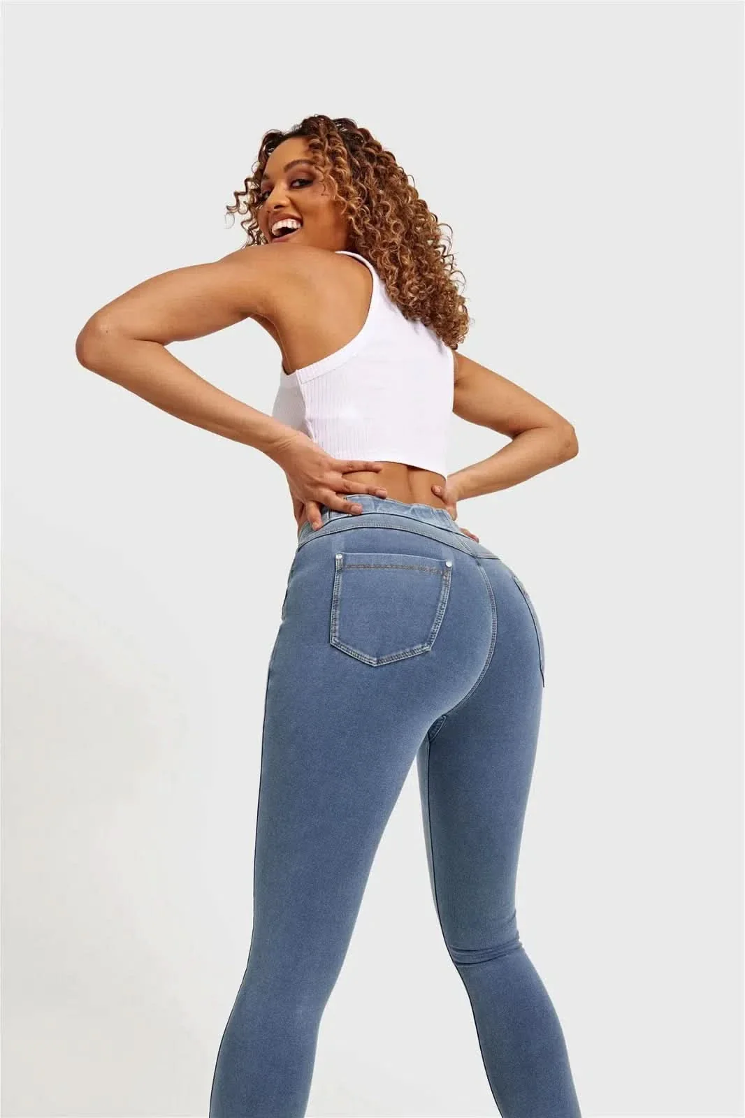 N.O.W® Denim - High Waisted - Ankle Length - Light Blue + Yellow Stitching - Image 6