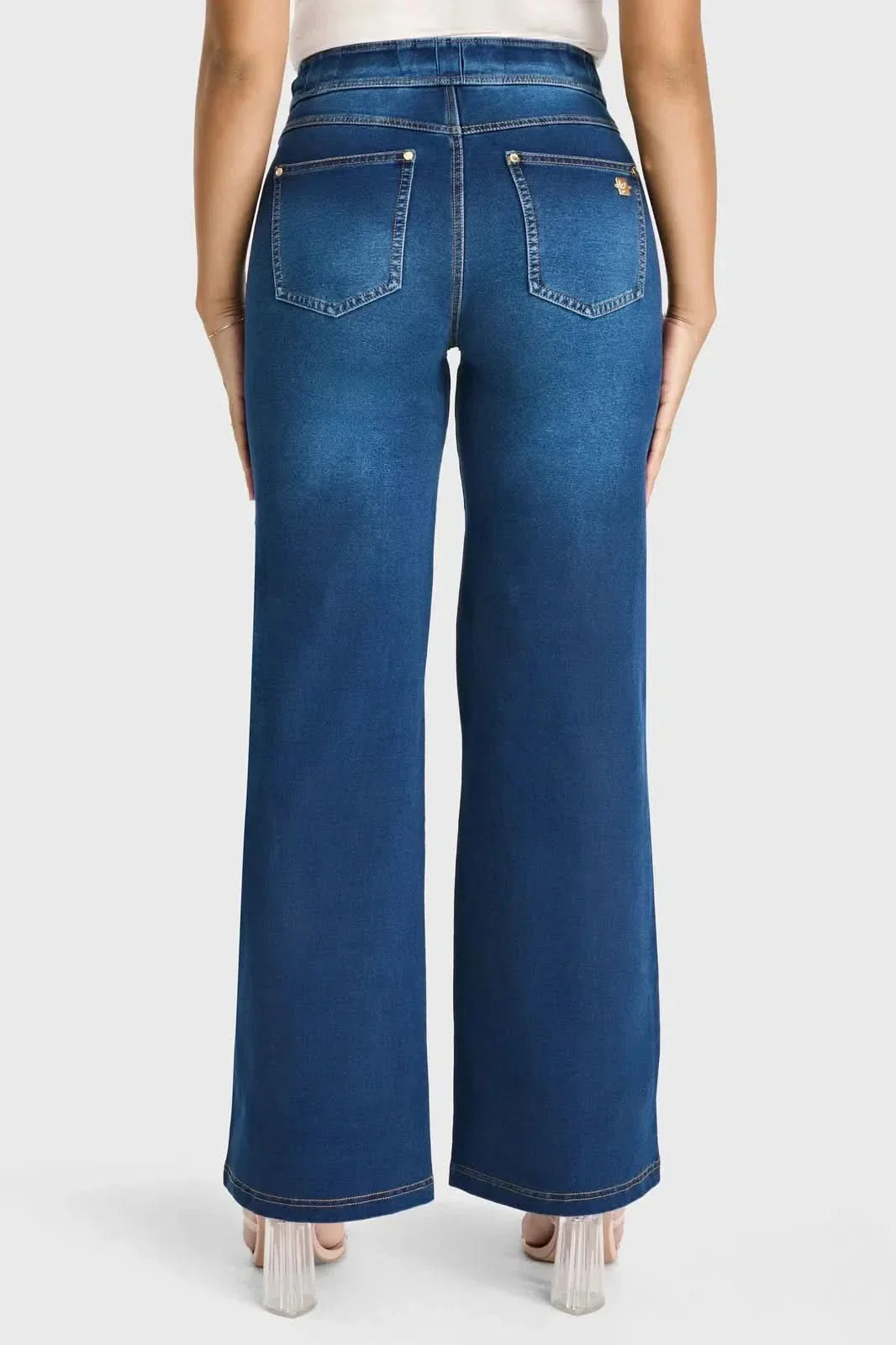 N.O.W® Denim Limited Edition - High Waisted - Wide Leg - Dark Blue + Yellow Stitching - Image 4