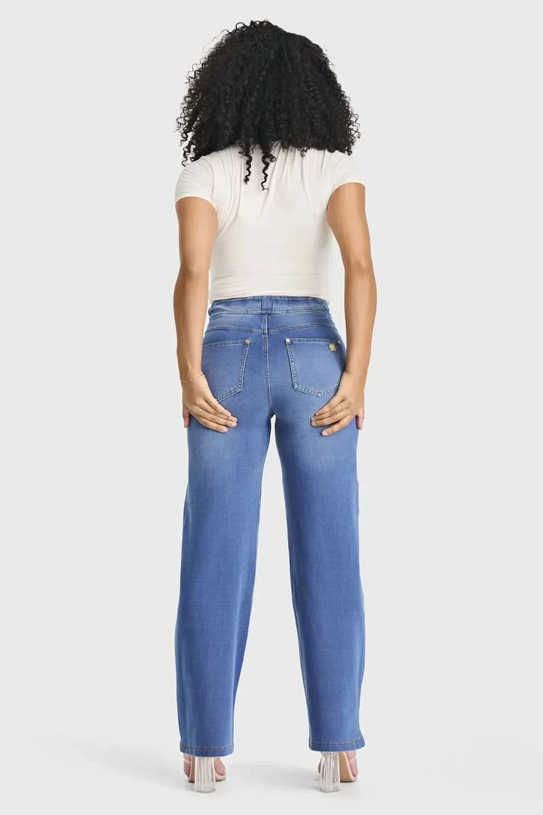 N.O.W® Denim Limited Edition - High Waisted - Wide Leg - Light Blue + Yellow Stitching - Image 3