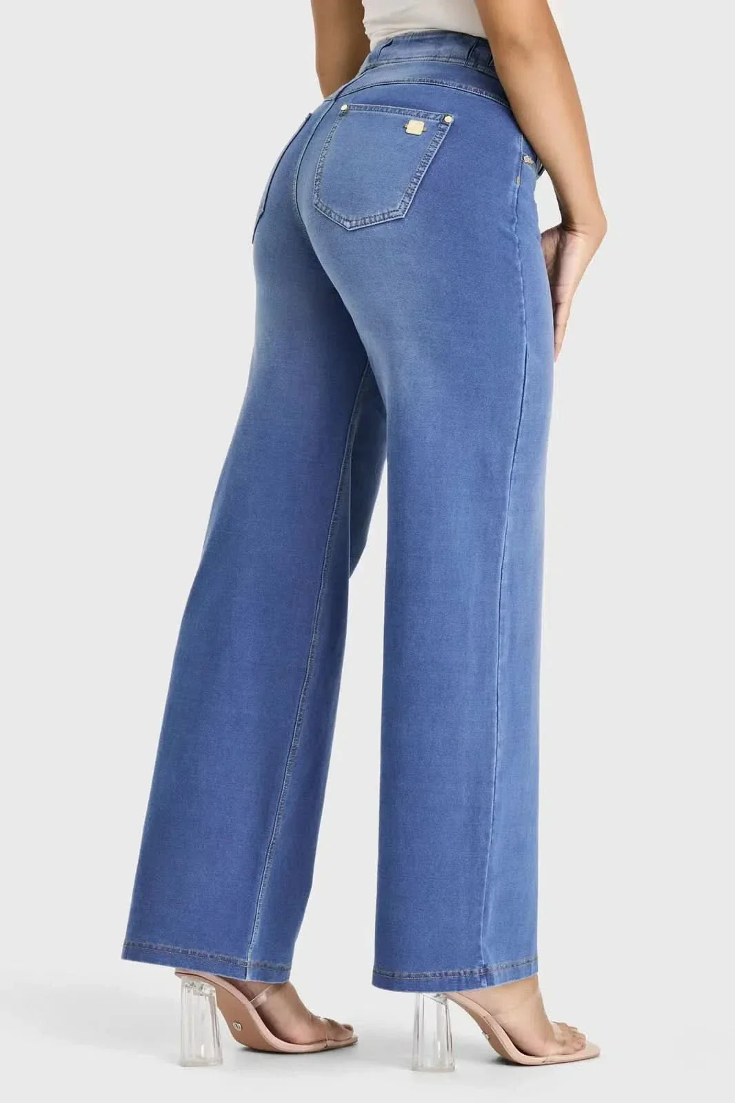 N.O.W® Denim Limited Edition - High Waisted - Wide Leg - Light Blue + Yellow Stitching - Image 4
