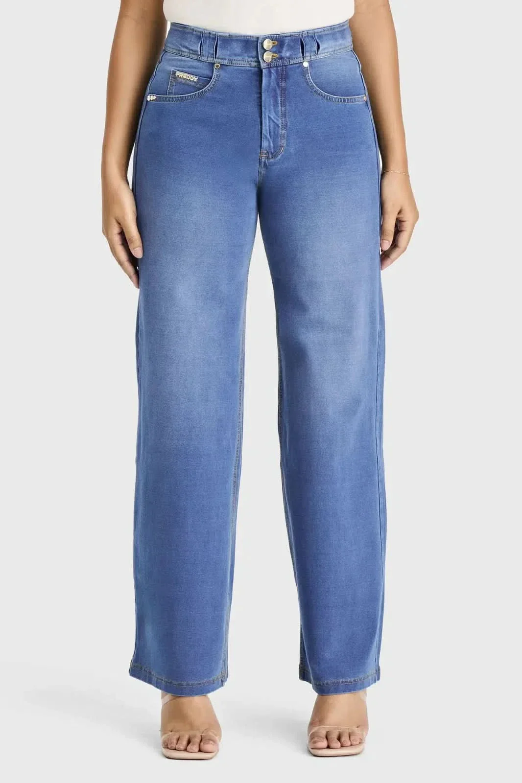 N.O.W® Denim Limited Edition - High Waisted - Wide Leg - Light Blue + Yellow Stitching - Image 5