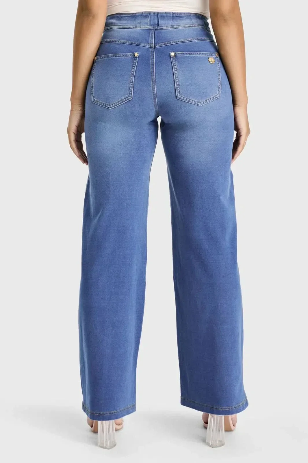 N.O.W® Denim Limited Edition - High Waisted - Wide Leg - Light Blue + Yellow Stitching - Image 6