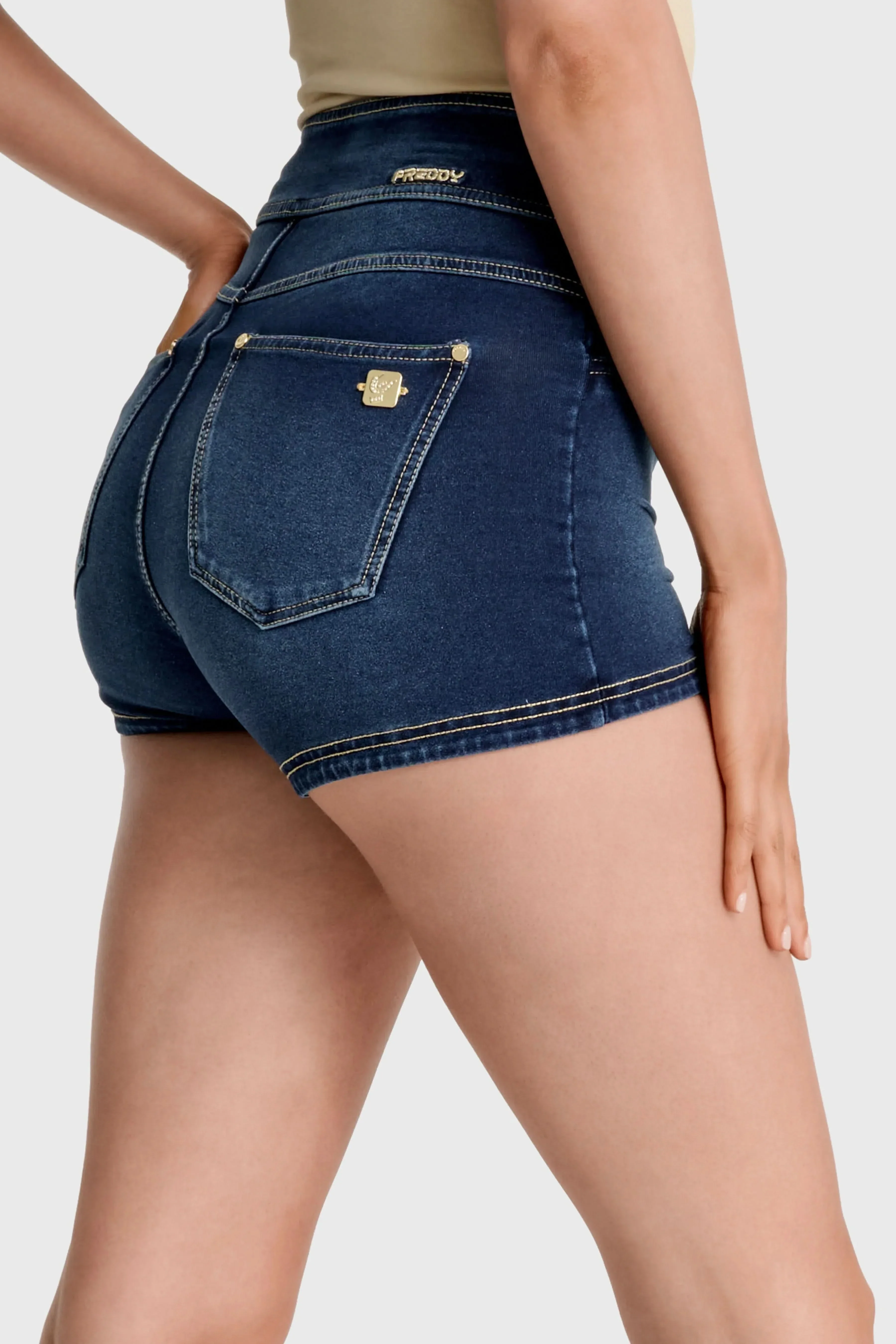 NOW Denim - High Waisted - Shorts - Dark Blue + Beige Stitching - Image 7