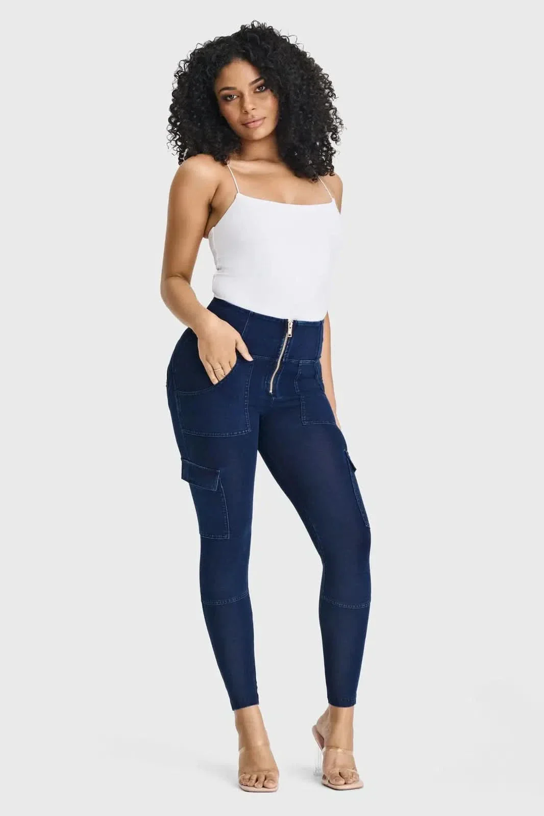 WRUP Cargo Denim - High Waisted - Ankle Length - Dark Blue + Blue Stitching - Image 3