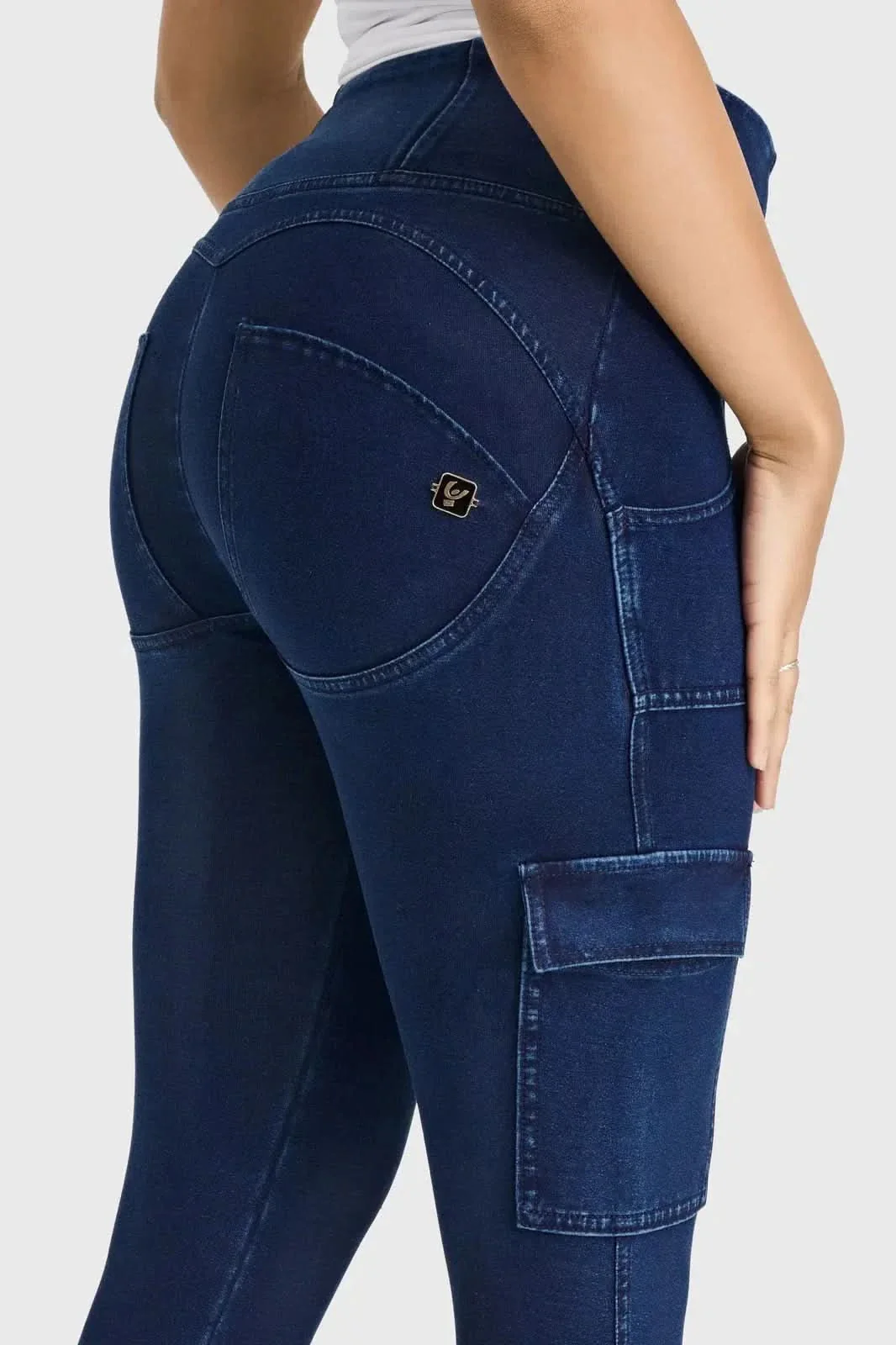 WRUP Cargo Denim - High Waisted - Ankle Length - Dark Blue + Blue Stitching - Image 7
