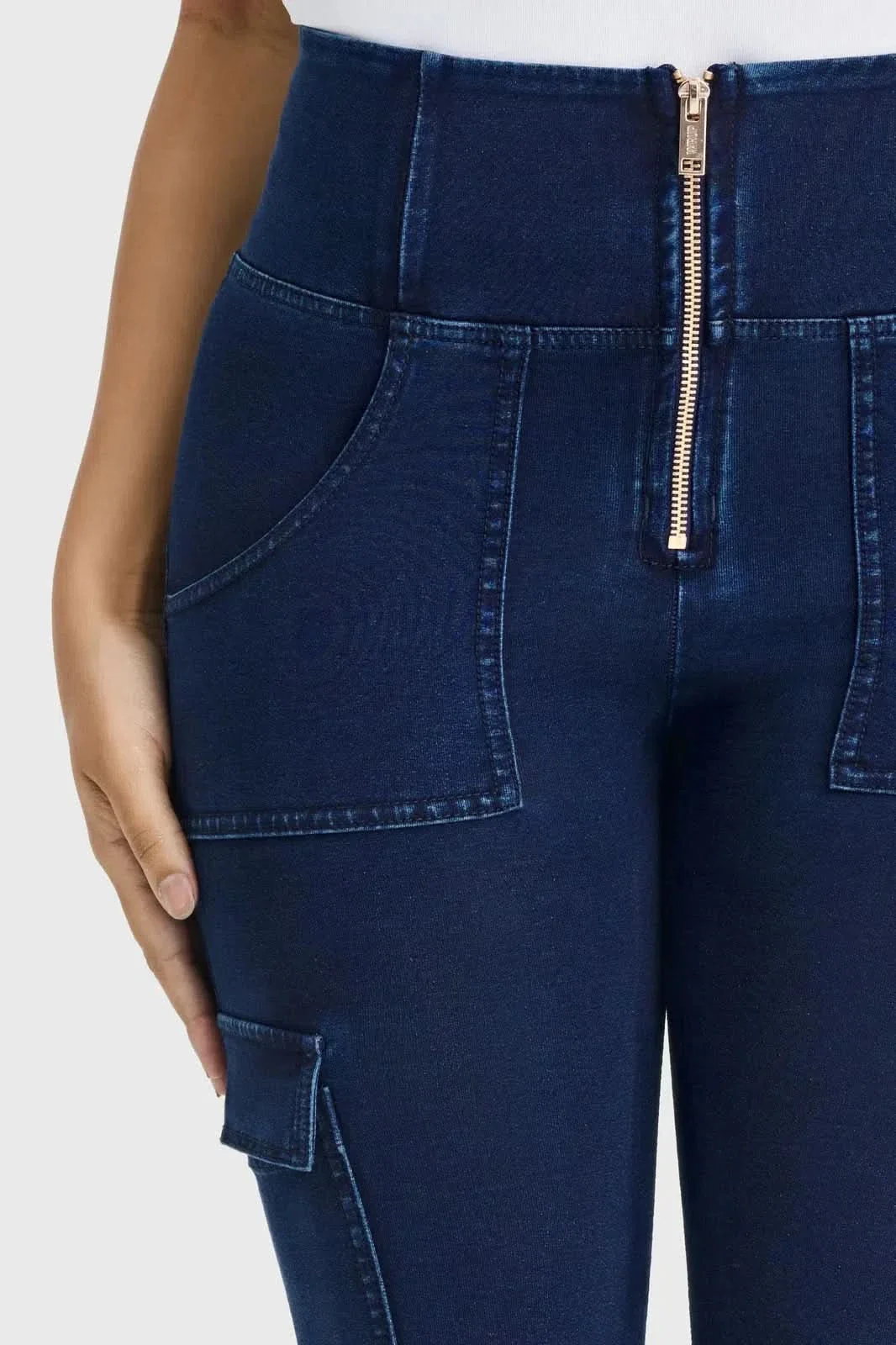 WRUP Cargo Denim - High Waisted - Ankle Length - Dark Blue + Blue Stitching - Image 8
