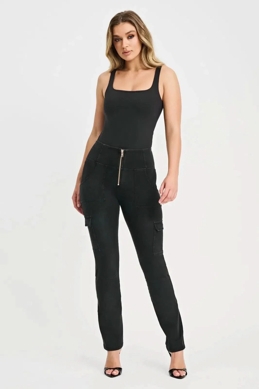 WRUP Cargo Denim - High Waisted - Straight Leg - Black + Black Stitching - Image 3