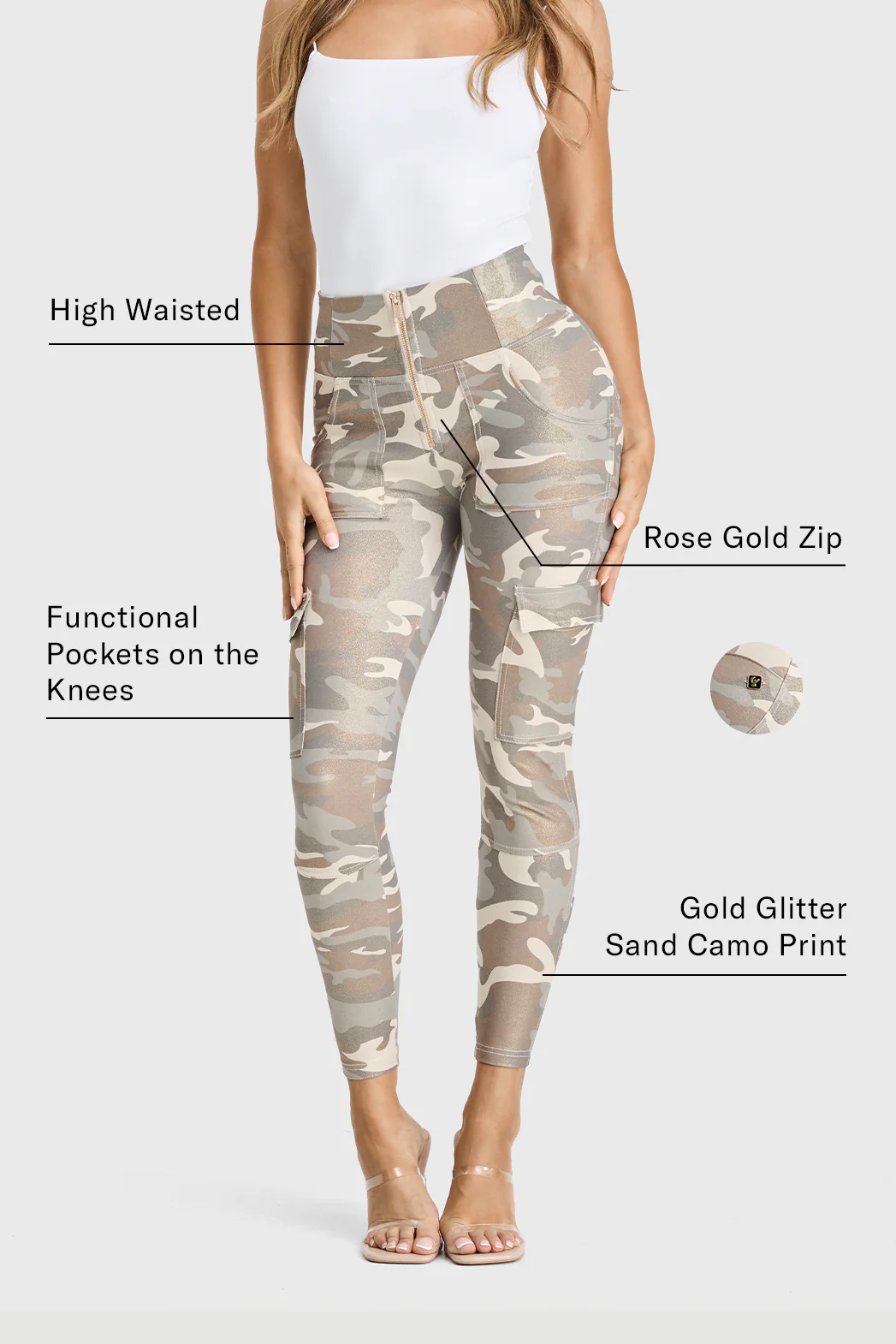 WRUP Cargo Fashion - High Waisted - Ankle Length - Glitter Gold Camo - Image 3
