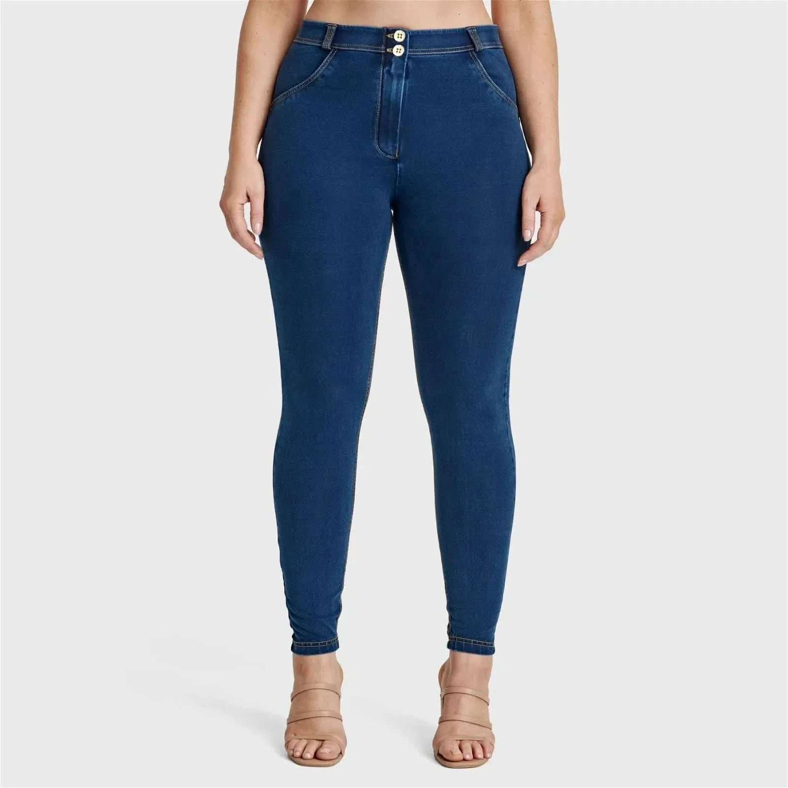 WRUP Curvy Denim - High Waisted - Full Length - Dark Blue + Yellow Stitching - Image 3