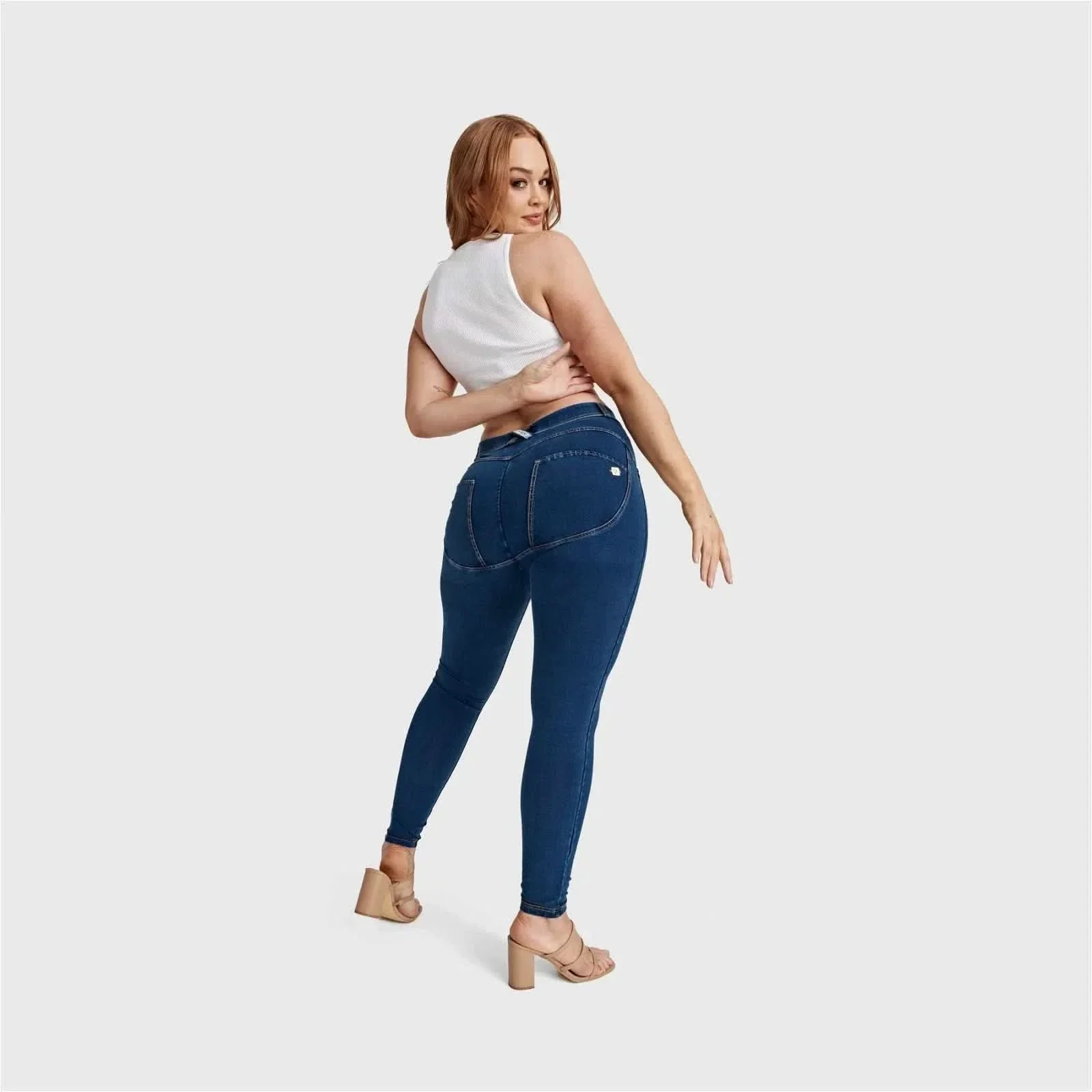 WRUP Curvy Denim - High Waisted - Full Length - Dark Blue + Yellow Stitching - Image 7
