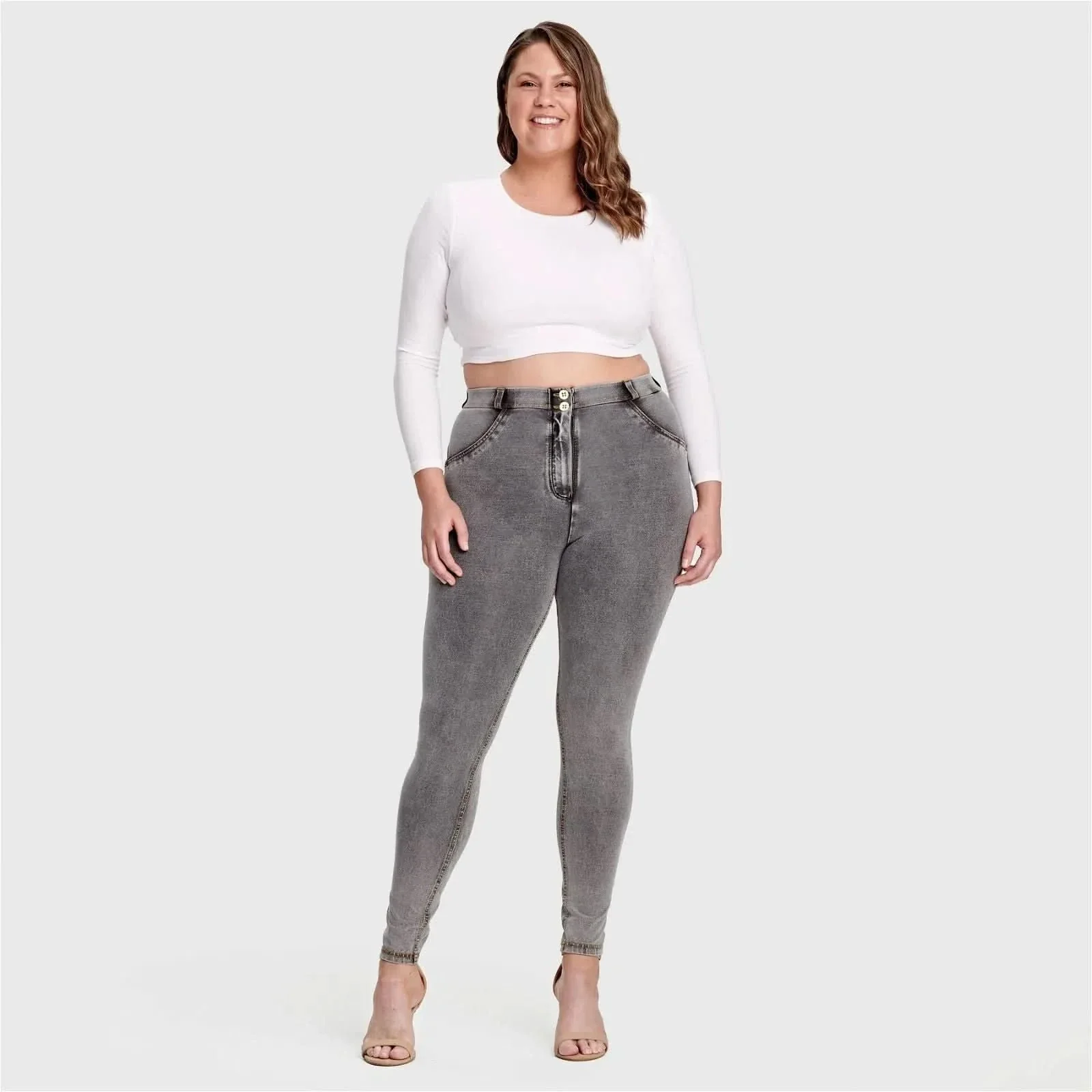 WRUP Curvy Denim - High Waisted - Full Length - Grey + Yellow Stitching - Image 7