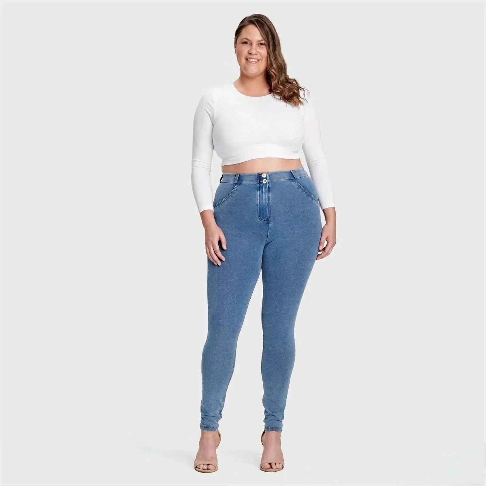 WRUP Curvy Denim - High Waisted - Full Length - Light Blue + Yellow Stitching - Image 10