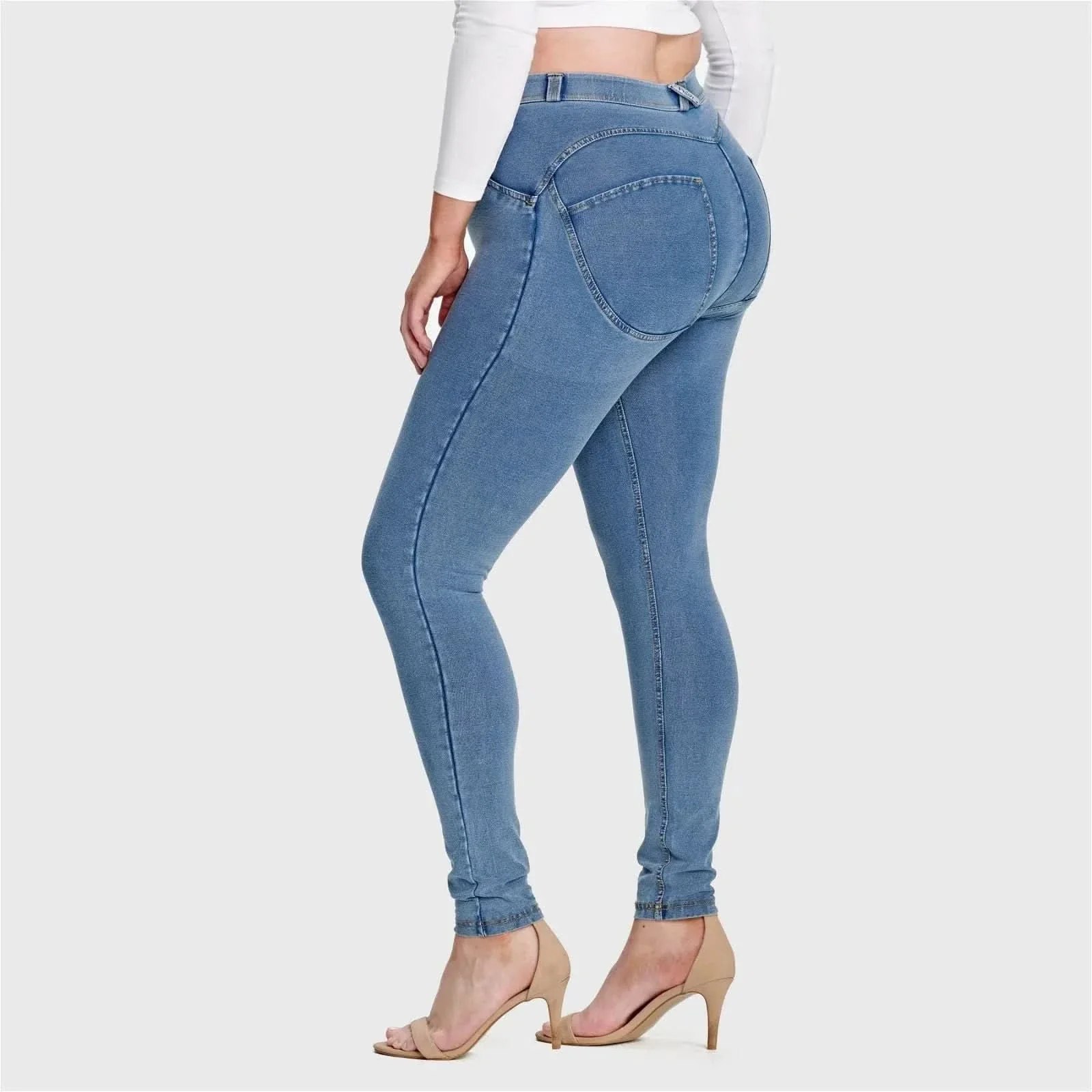 WRUP Curvy Denim - High Waisted - Full Length - Light Blue + Yellow Stitching - Image 7