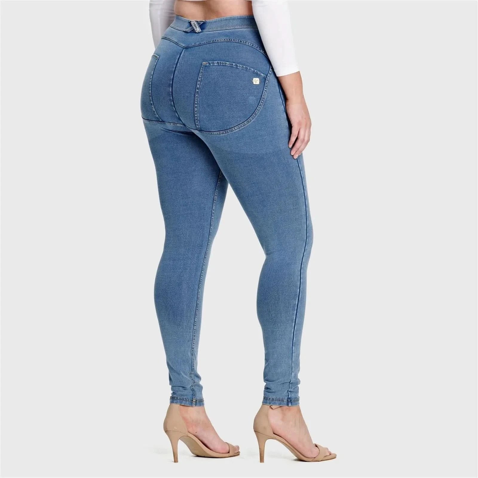 WRUP Curvy Denim - High Waisted - Full Length - Light Blue + Yellow Stitching - Image 4