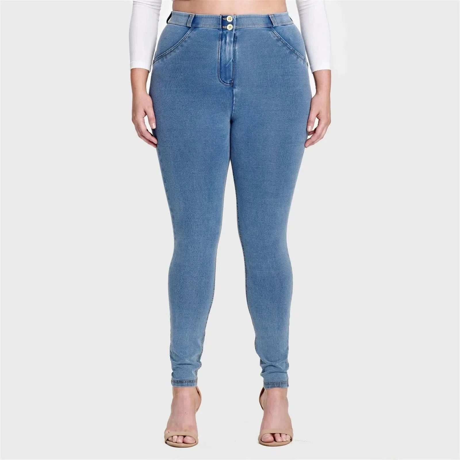 WRUP Curvy Denim - High Waisted - Full Length - Light Blue + Yellow Stitching - Image 5