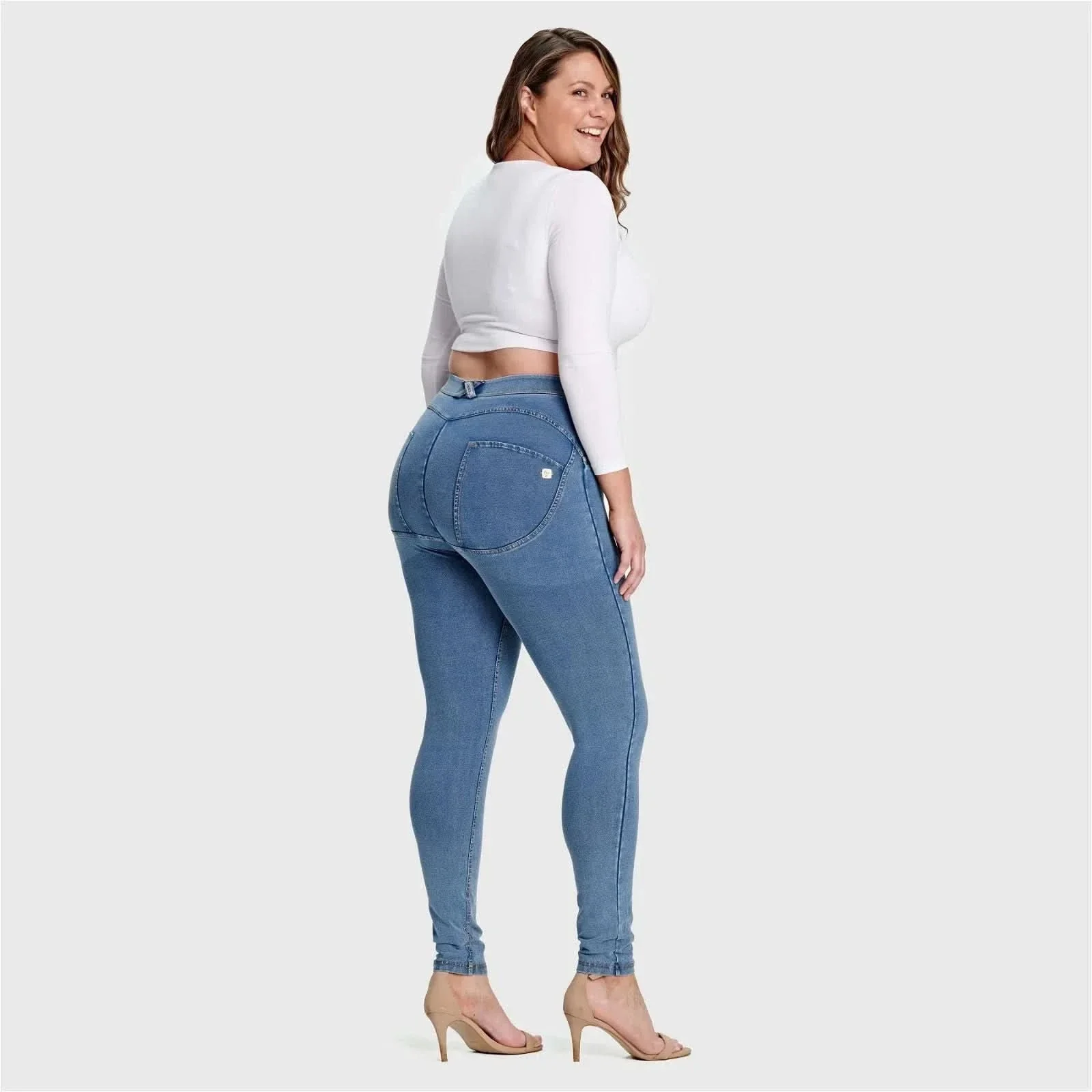 WRUP Curvy Denim - High Waisted - Full Length - Light Blue + Yellow Stitching - Image 9