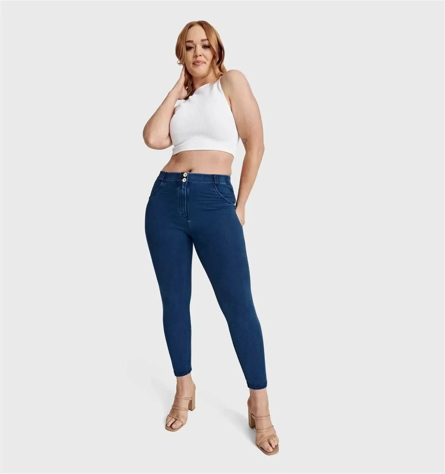 WRUP Curvy Denim - High Waisted - Ankle Length - Blue + Blue Stitching - Image 3