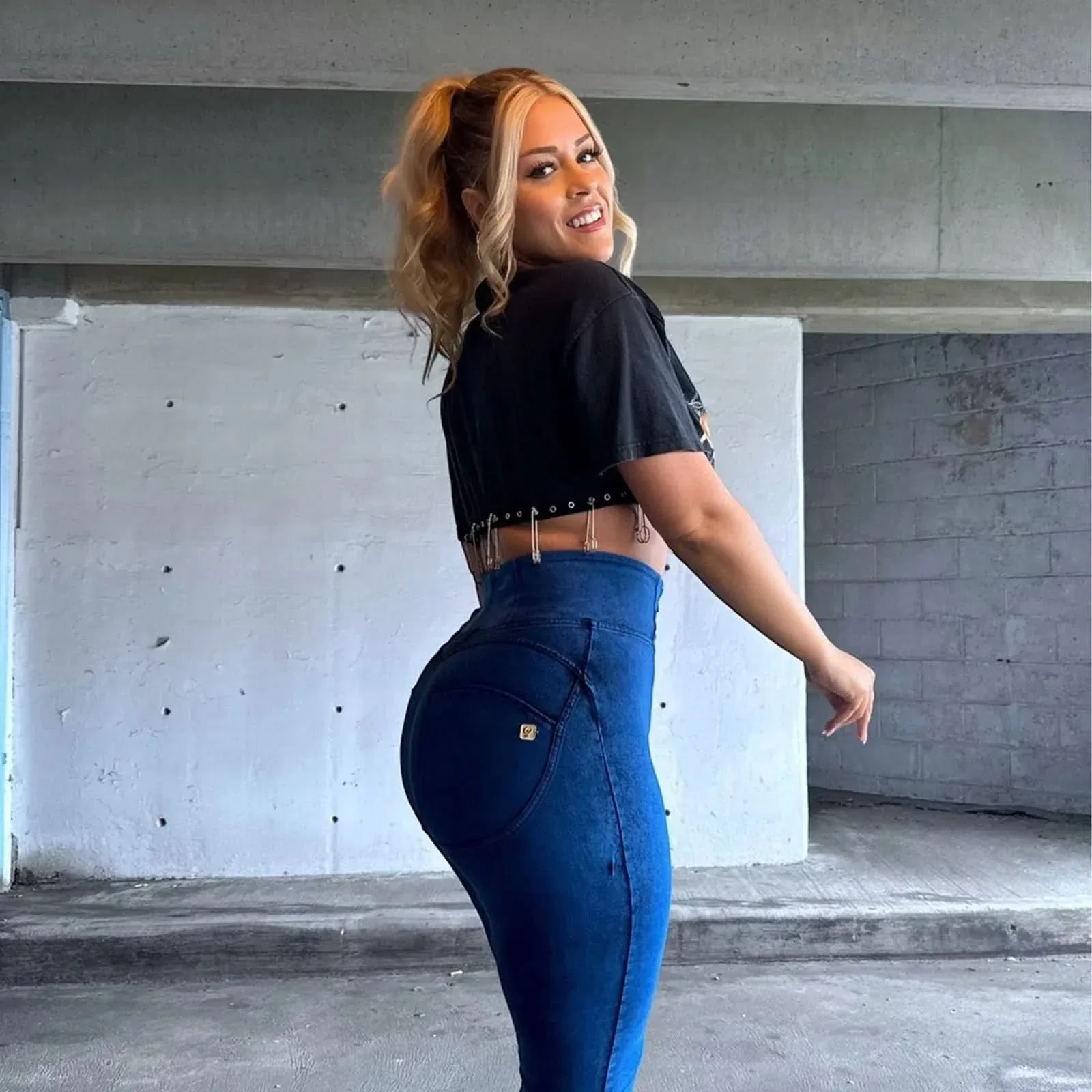 WRUP Curvy Denim - Zip High Waisted - Full Length - Cobalt Blue + Blue Stitching - Image 3