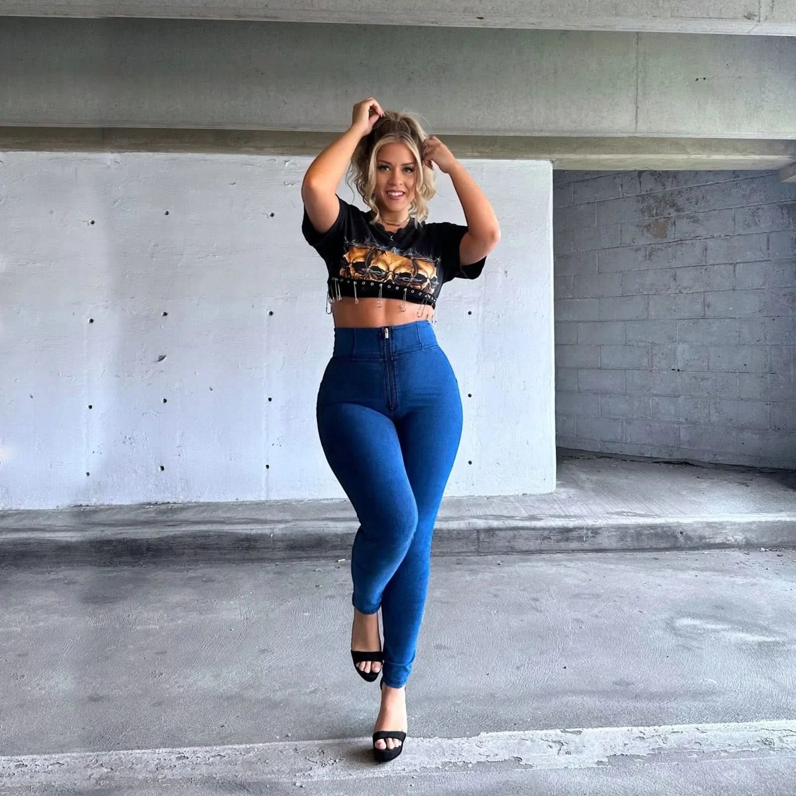 WRUP Curvy Denim - Zip High Waisted - Full Length - Cobalt Blue + Blue Stitching - Image 4