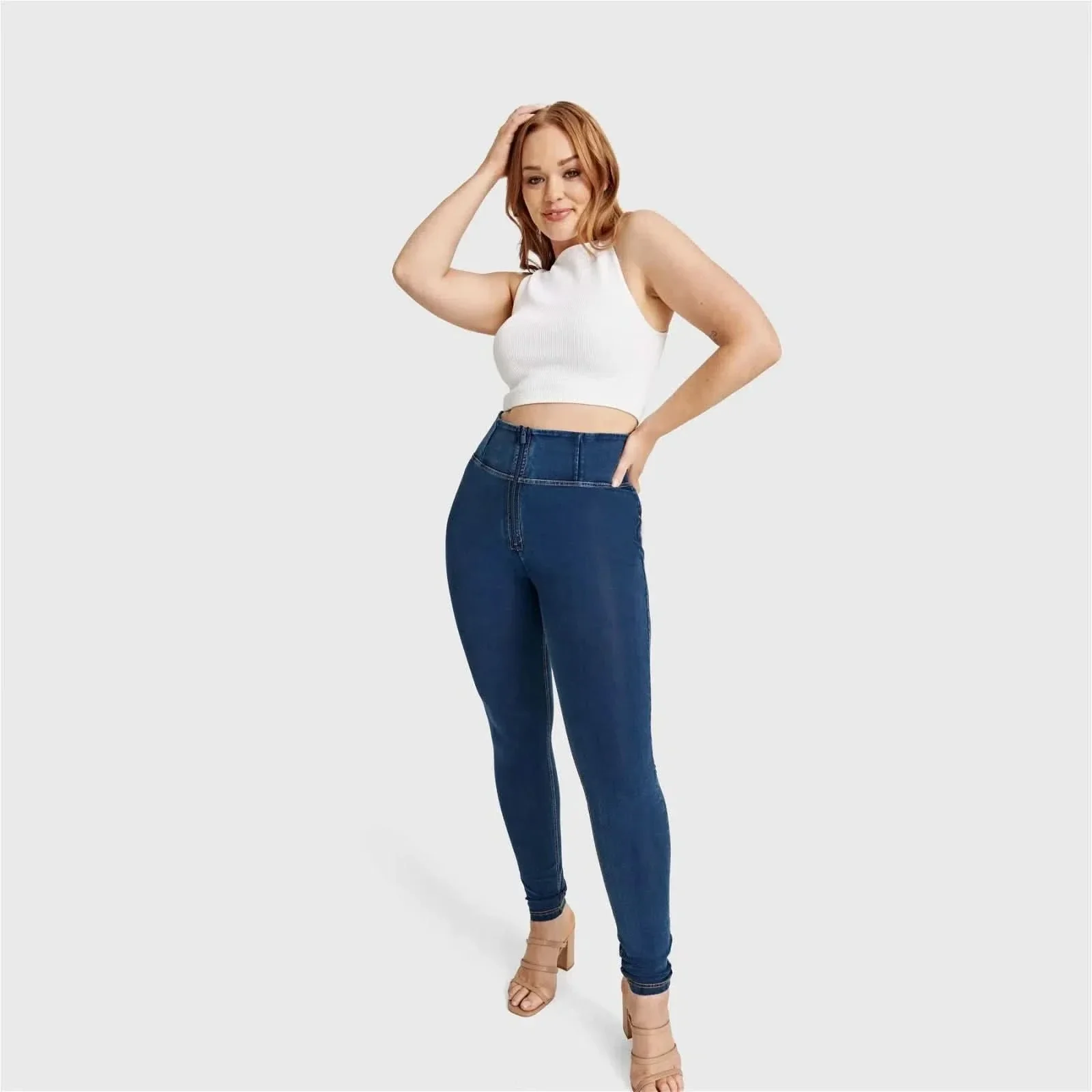 WRUP Curvy Denim - Zip High Waisted - Full Length - Dark Blue + Yellow Stitching - Image 2