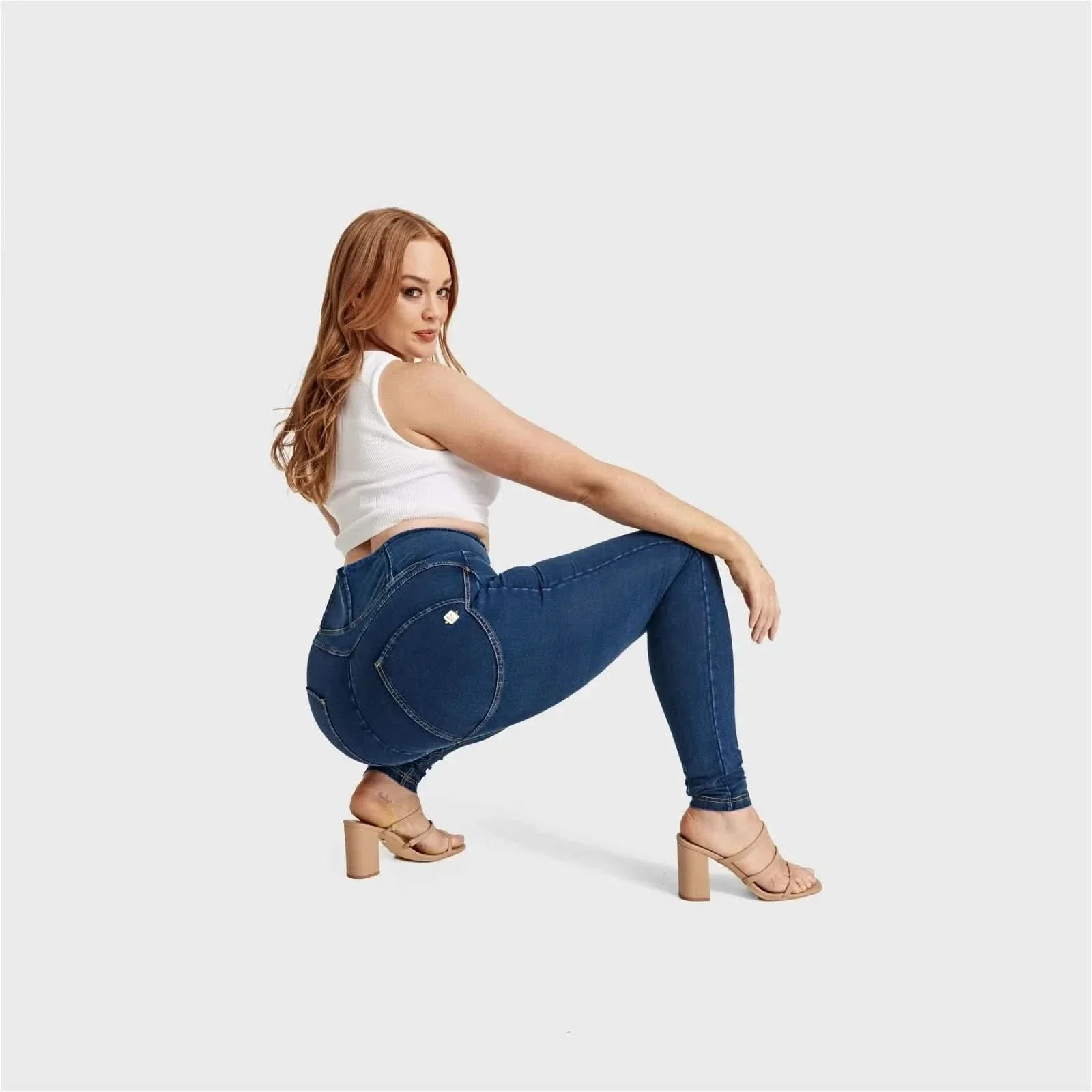WRUP Curvy Denim - Zip High Waisted - Full Length - Dark Blue + Yellow Stitching - Image 4