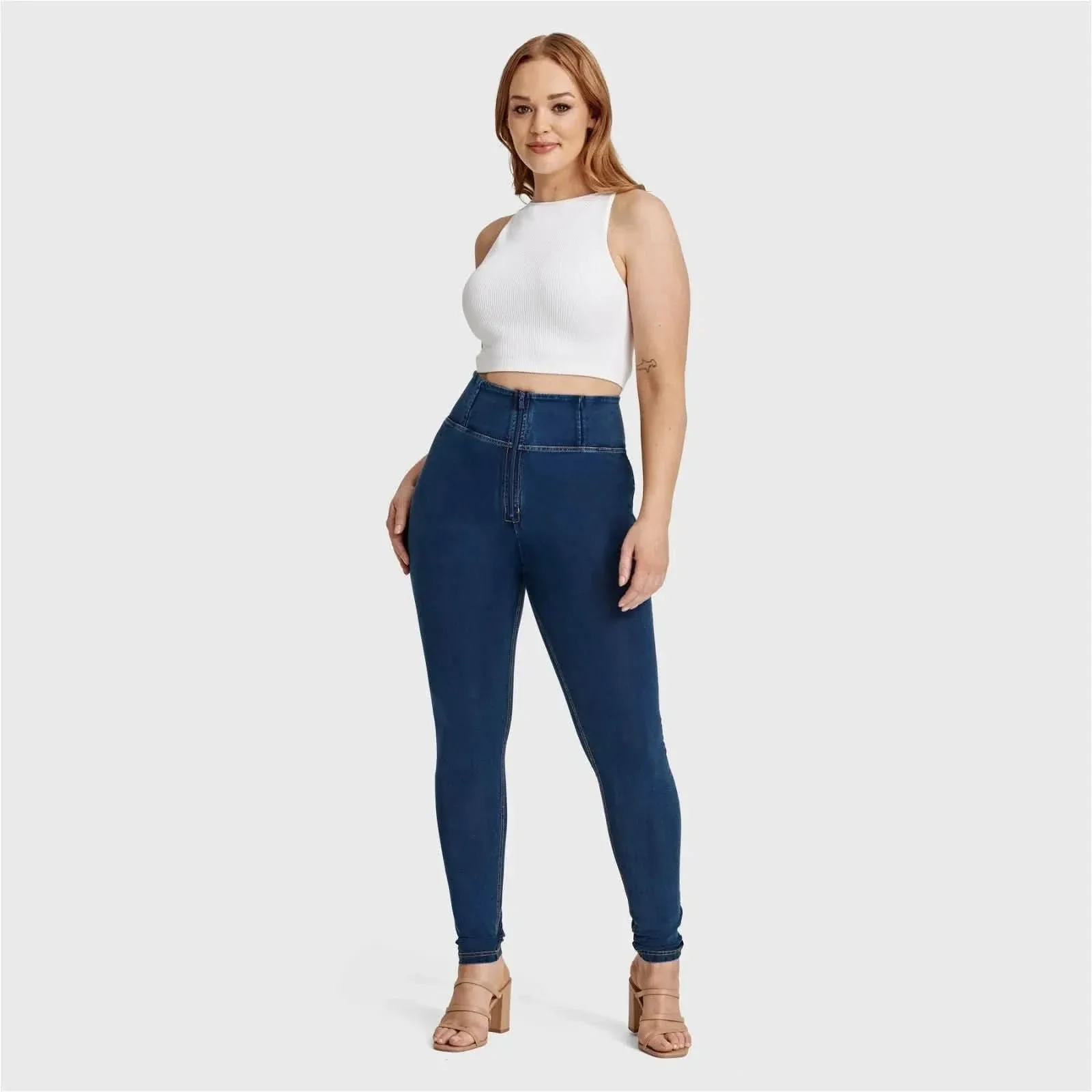 WRUP Curvy Denim - Zip High Waisted - Full Length - Dark Blue + Yellow Stitching - Image 7