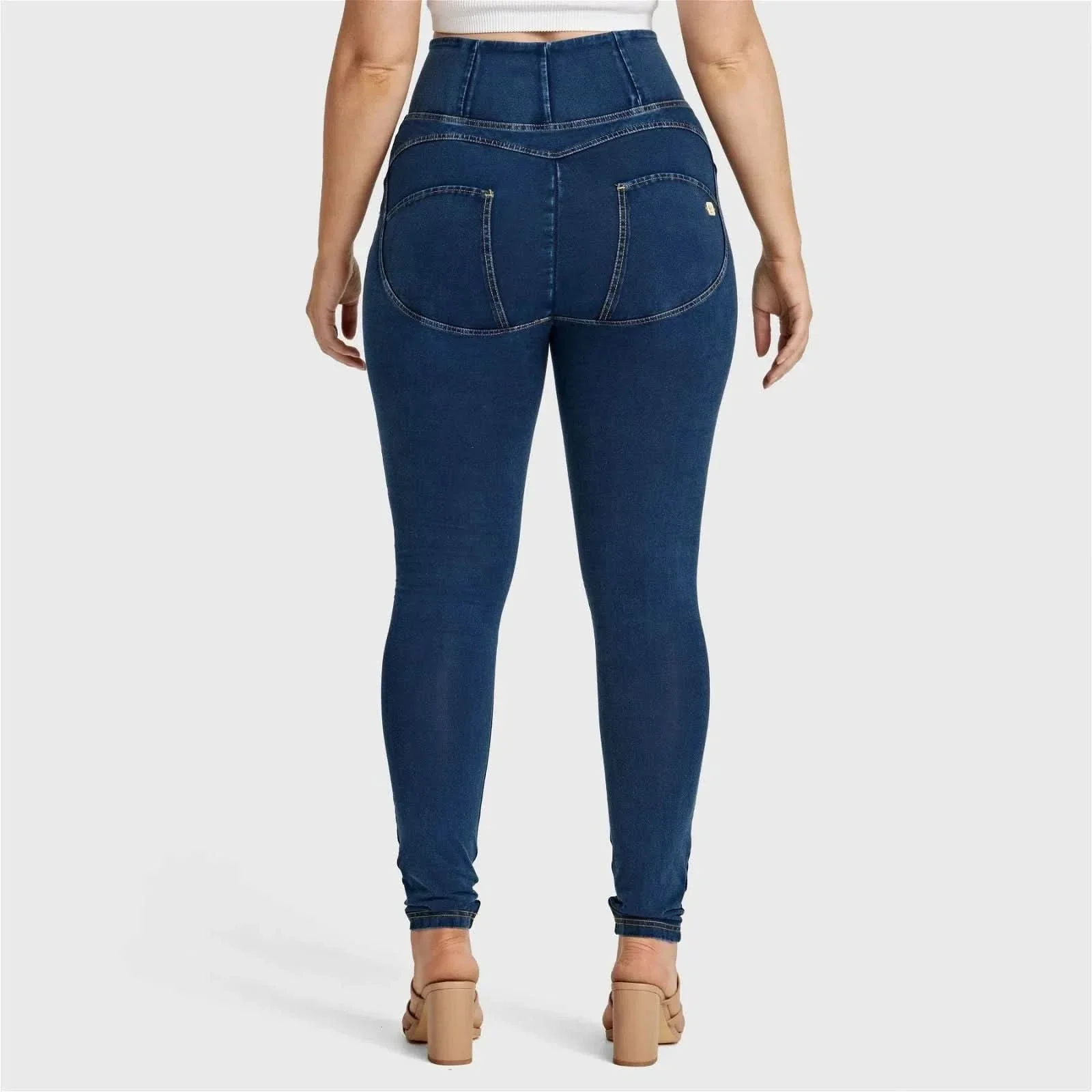 WRUP Curvy Denim - Zip High Waisted - Full Length - Dark Blue + Yellow Stitching - Image 8