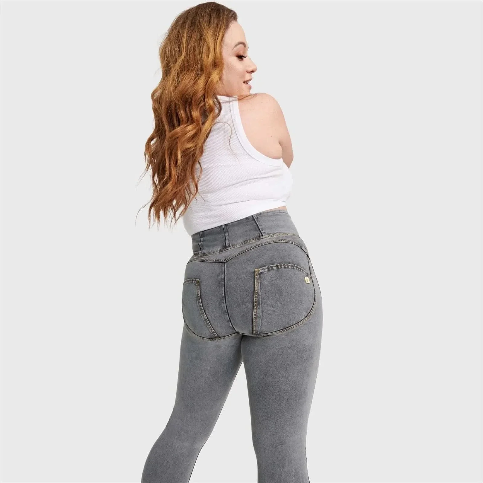 WRUP Curvy Denim - Zip High Waisted - Full Length - Gray + Yellow Stitching - Image 2