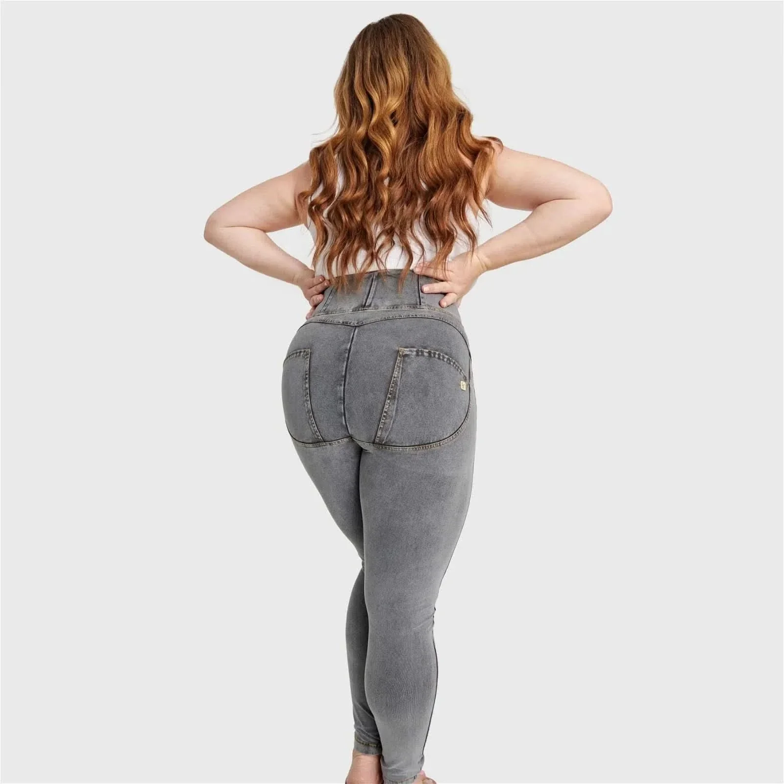 WRUP Curvy Denim - Zip High Waisted - Full Length - Gray + Yellow Stitching - Image 4
