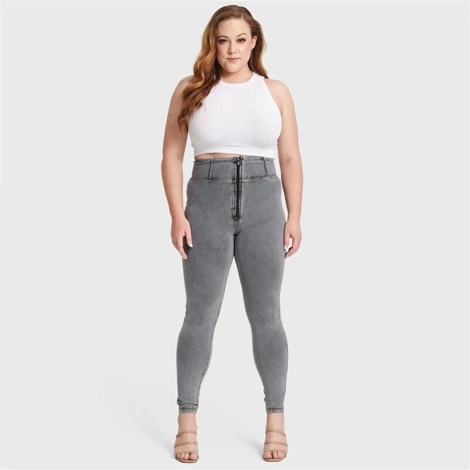WRUP Curvy Denim - Zip High Waisted - Full Length - Gray + Yellow Stitching - Image 6