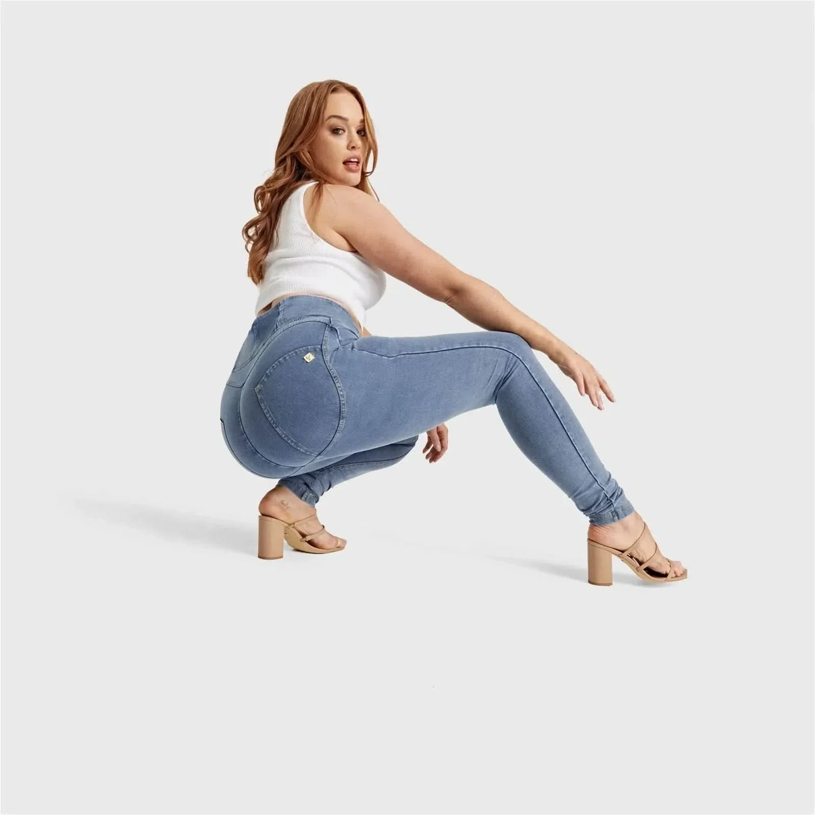 WRUP Curvy Denim - Zip High Waisted - Full Length - Light Blue + Yellow Stitching - Image 2