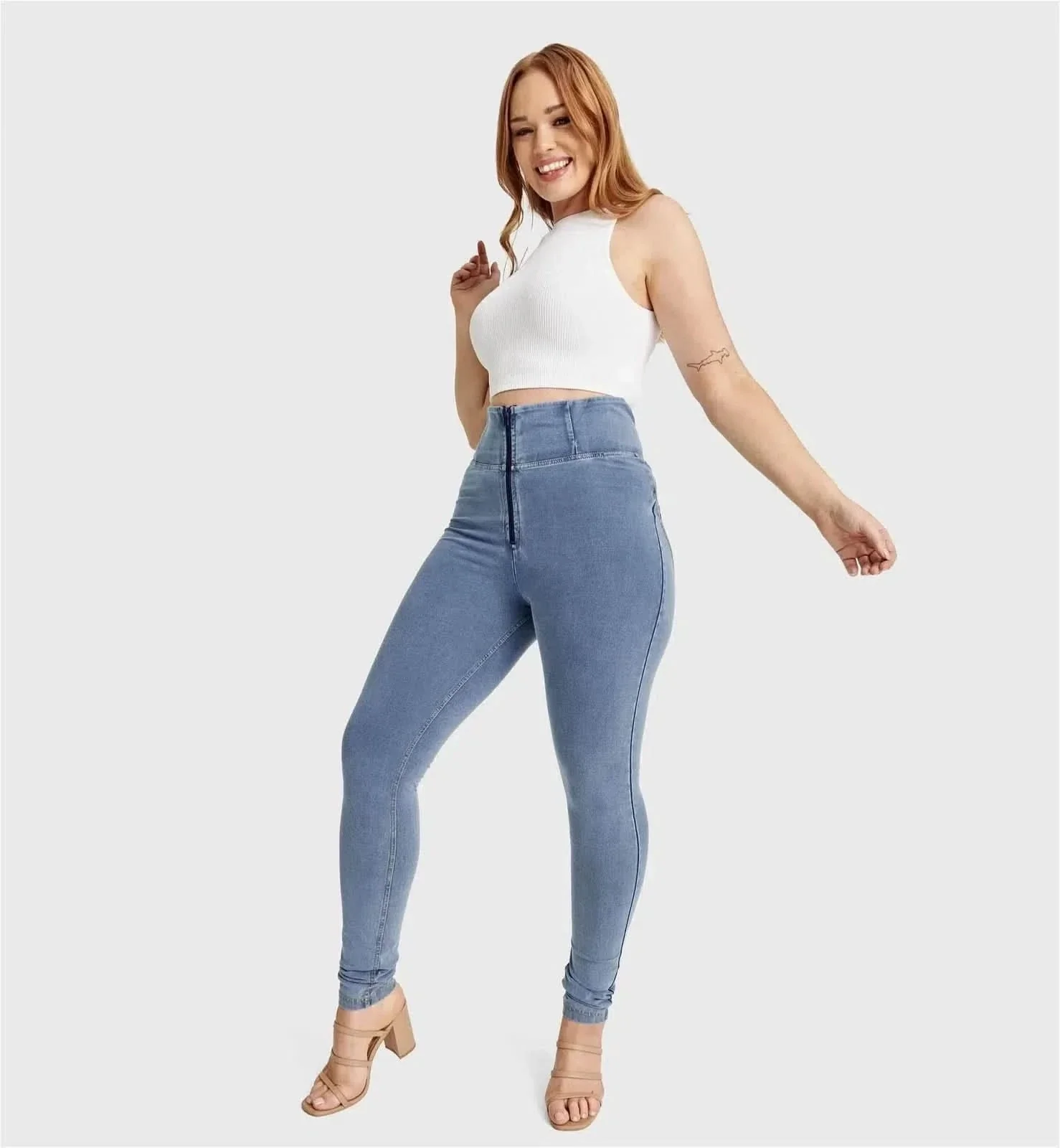 WRUP Curvy Denim - Zip High Waisted - Full Length - Light Blue + Yellow Stitching - Image 5