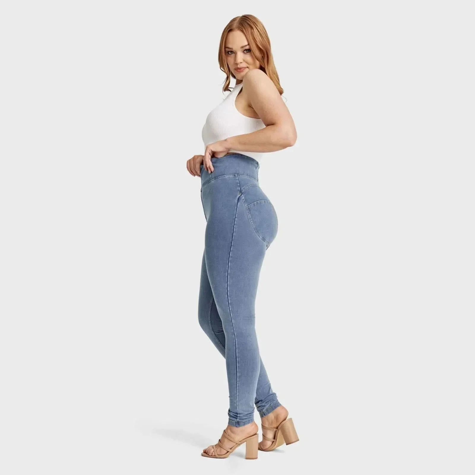 WRUP Curvy Denim - Zip High Waisted - Full Length - Light Blue + Yellow Stitching - Image 6