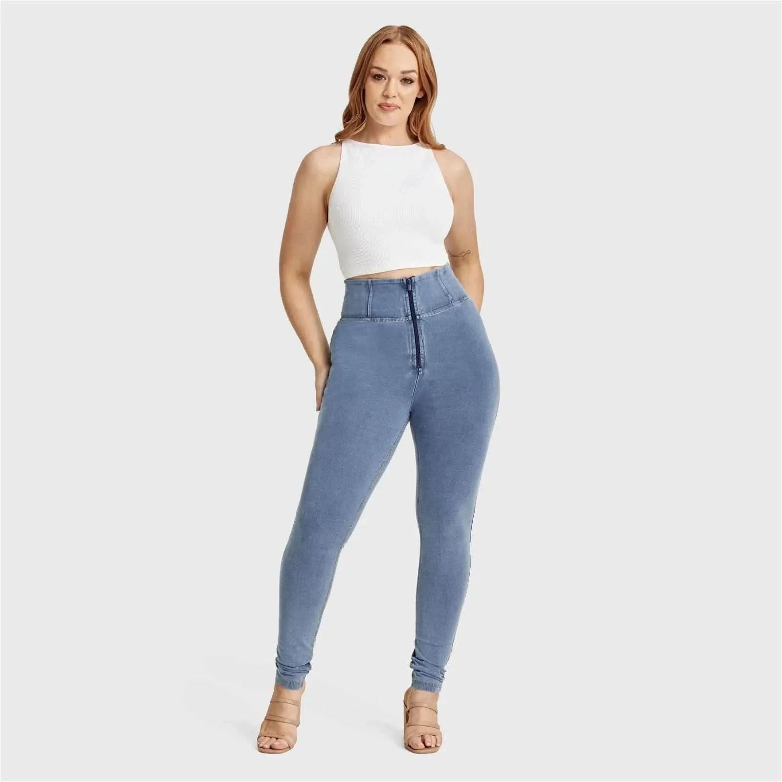 WRUP Curvy Denim - Zip High Waisted - Full Length - Light Blue + Yellow Stitching - Image 7
