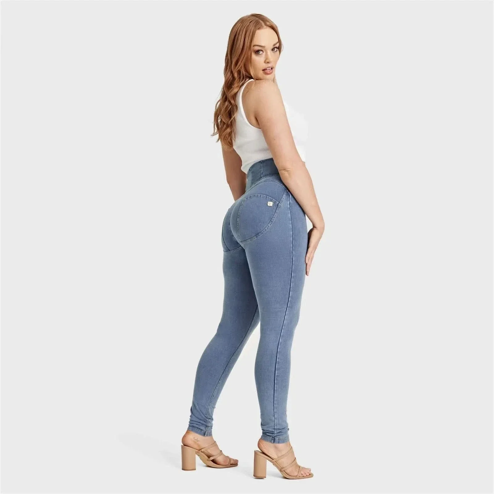 WRUP Curvy Denim - Zip High Waisted - Full Length - Light Blue + Yellow Stitching - Image 8