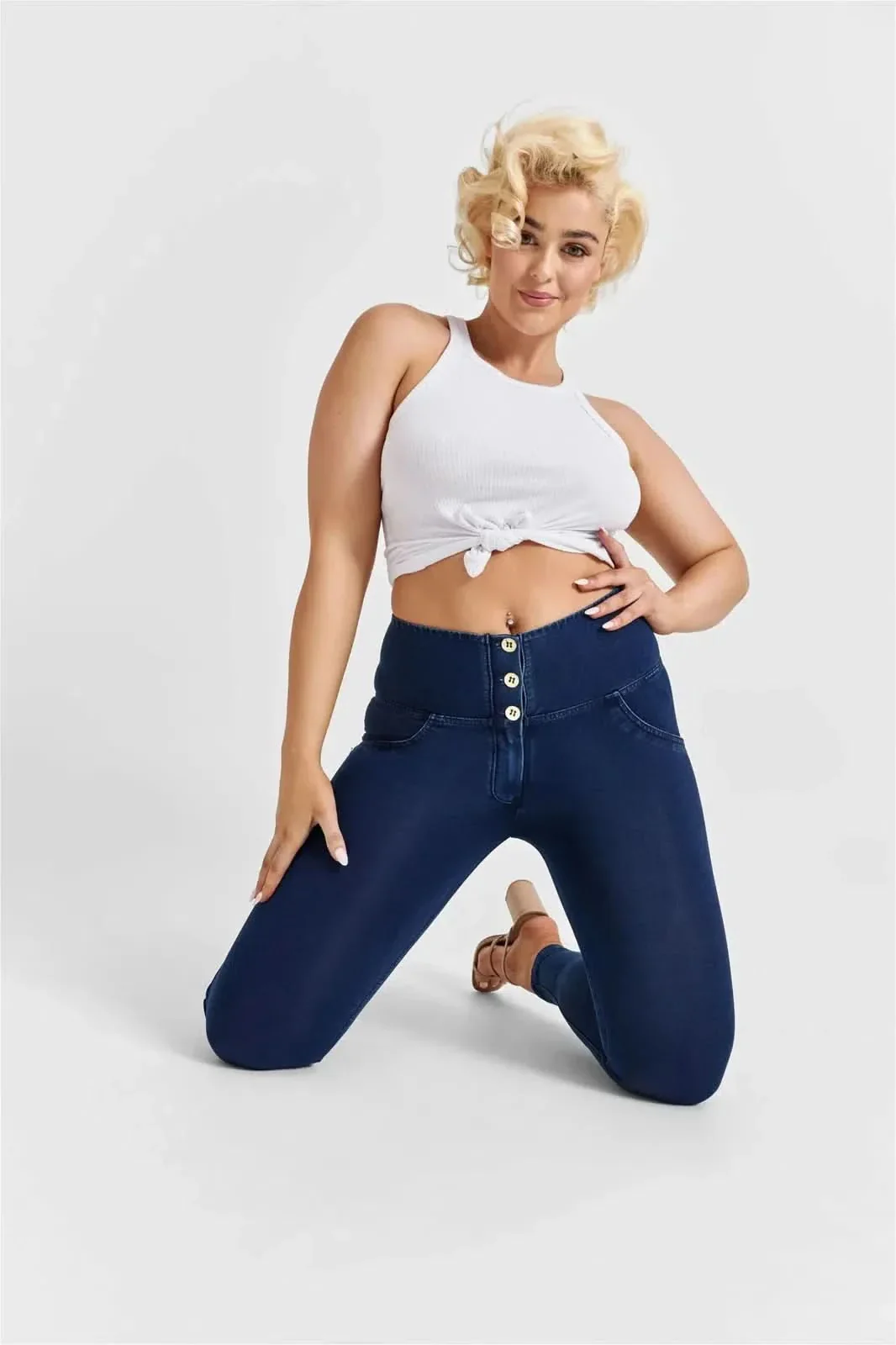 WRUP Denim - 3 Button High Waisted - Full Length - Dark Blue + Blue Stitching - Image 7