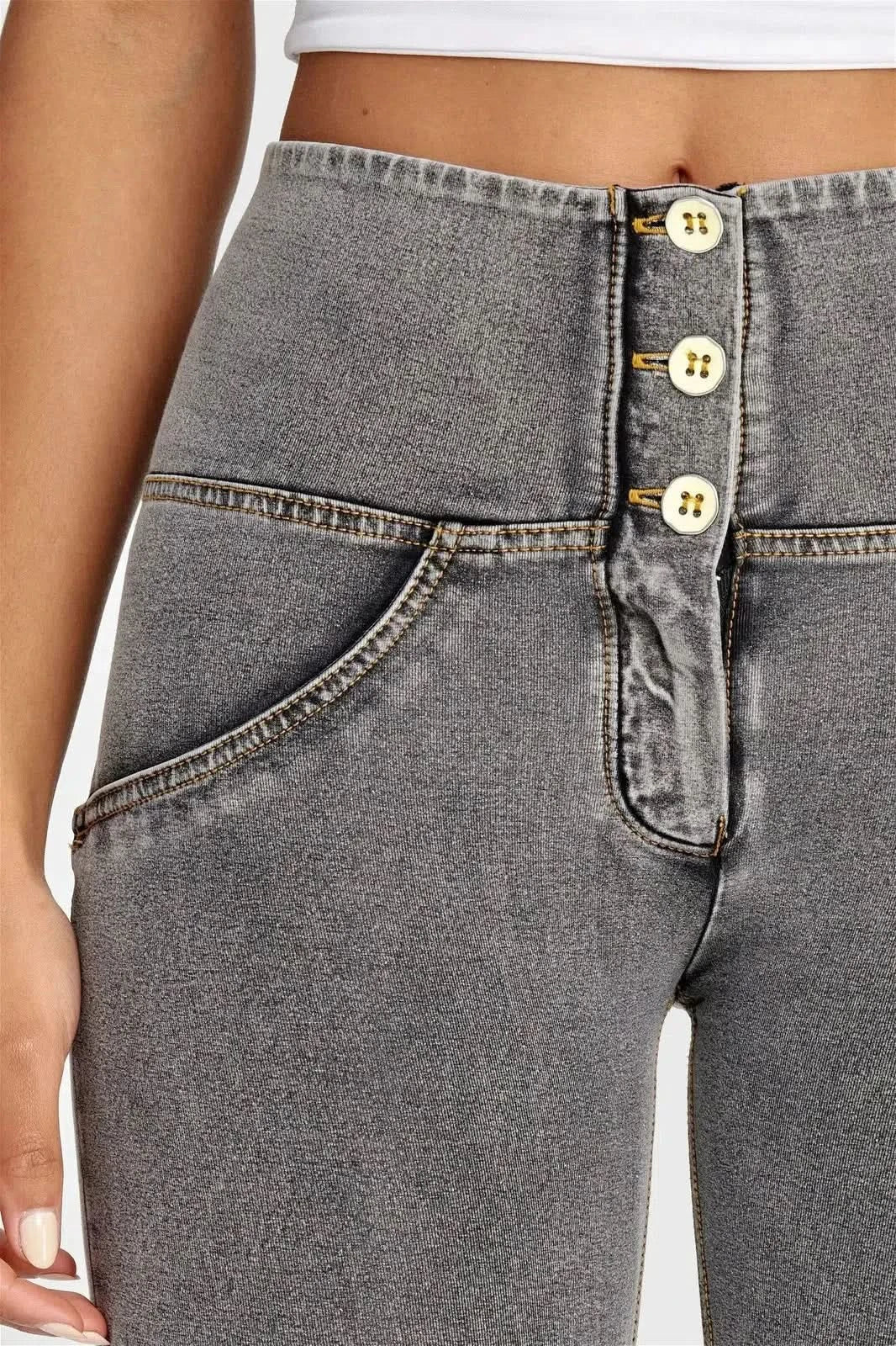 WRUP Denim - 3 Button High Waisted - Full Length - Grey + Yellow Stitching - Image 11