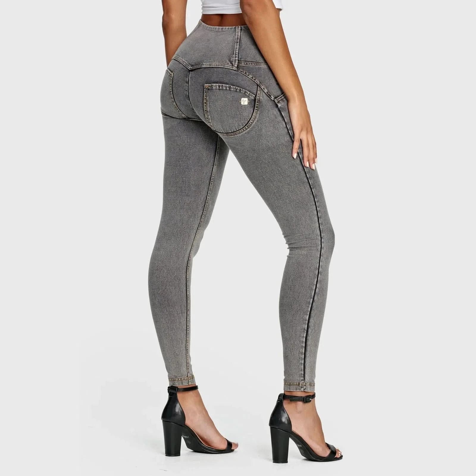 WRUP Denim - 3 Button High Waisted - Full Length - Grey + Yellow Stitching - Image 3