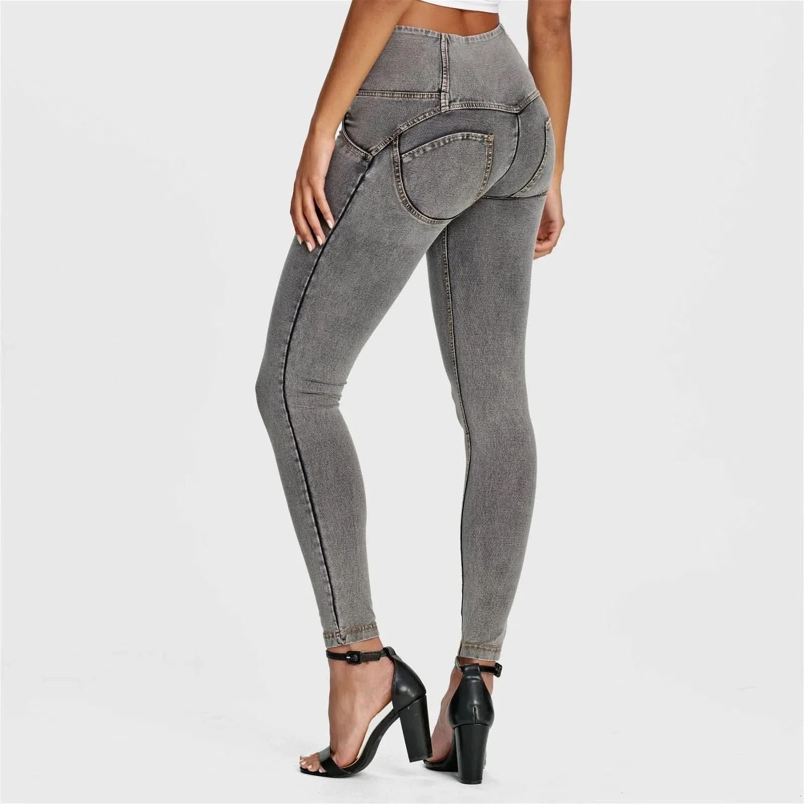 WRUP Denim - 3 Button High Waisted - Full Length - Grey + Yellow Stitching - Image 5