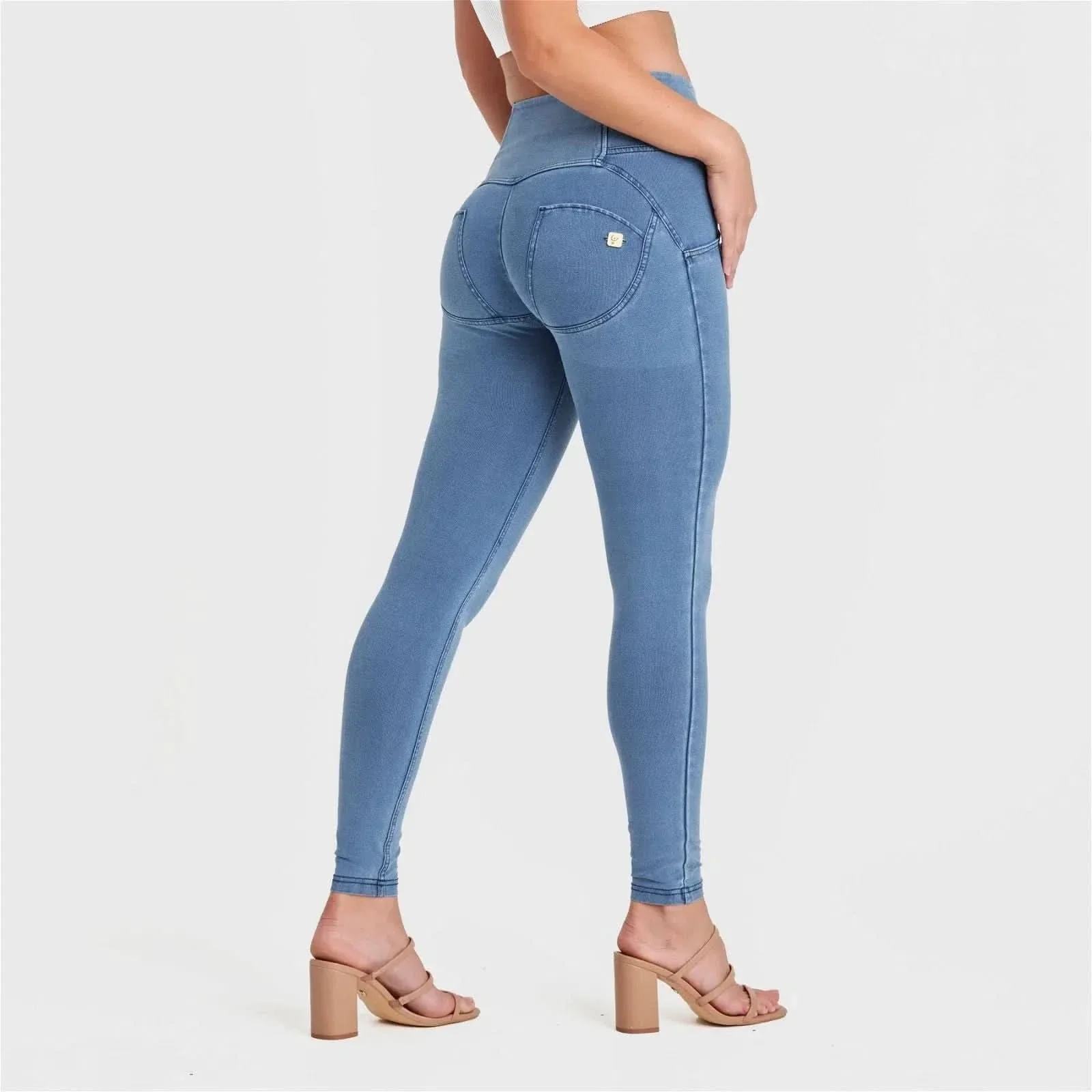 WRUP Denim - 3 Button High Waisted - Full Length - Light Blue + Blue Stitching - Image 3
