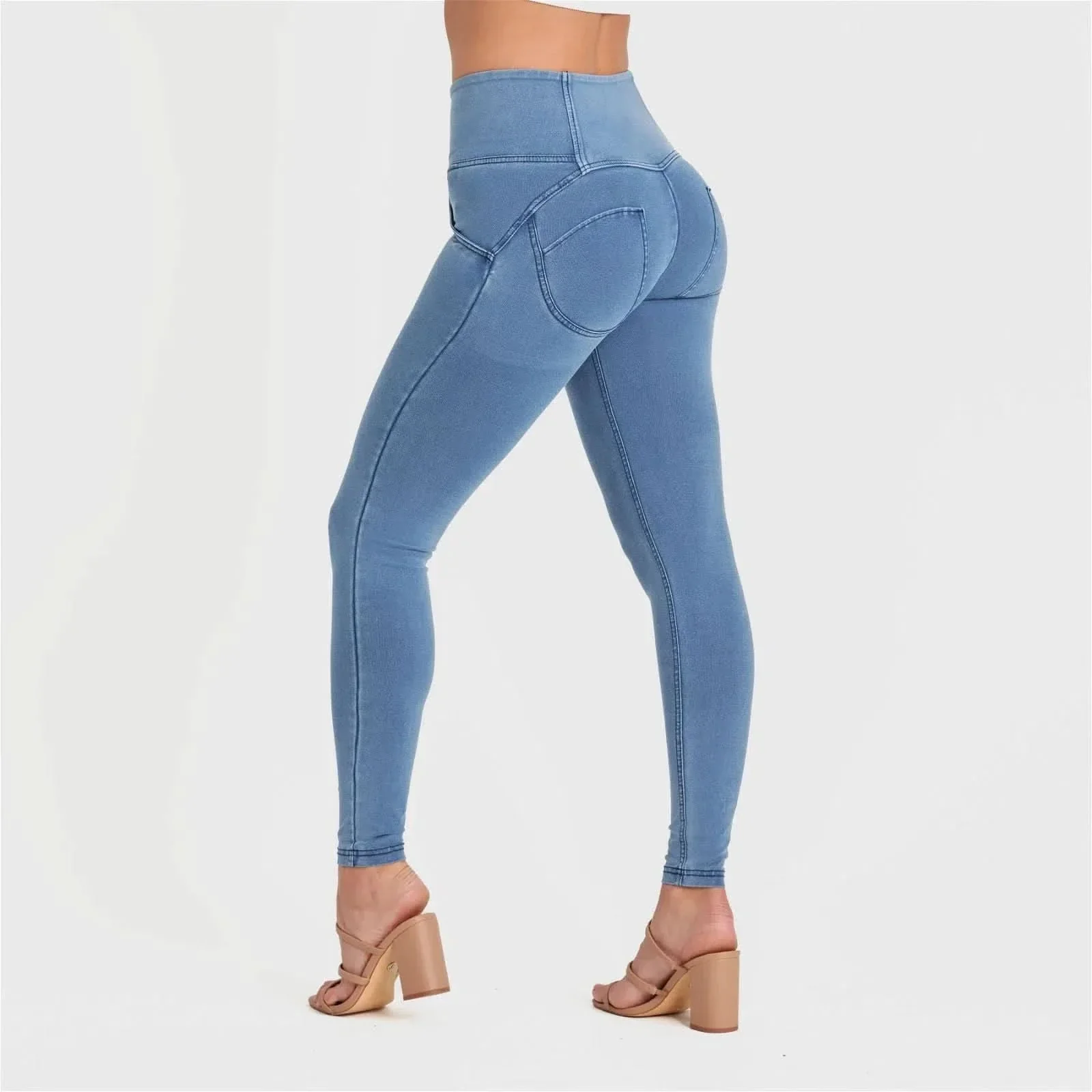 WRUP Denim - 3 Button High Waisted - Full Length - Light Blue + Blue Stitching - Image 4
