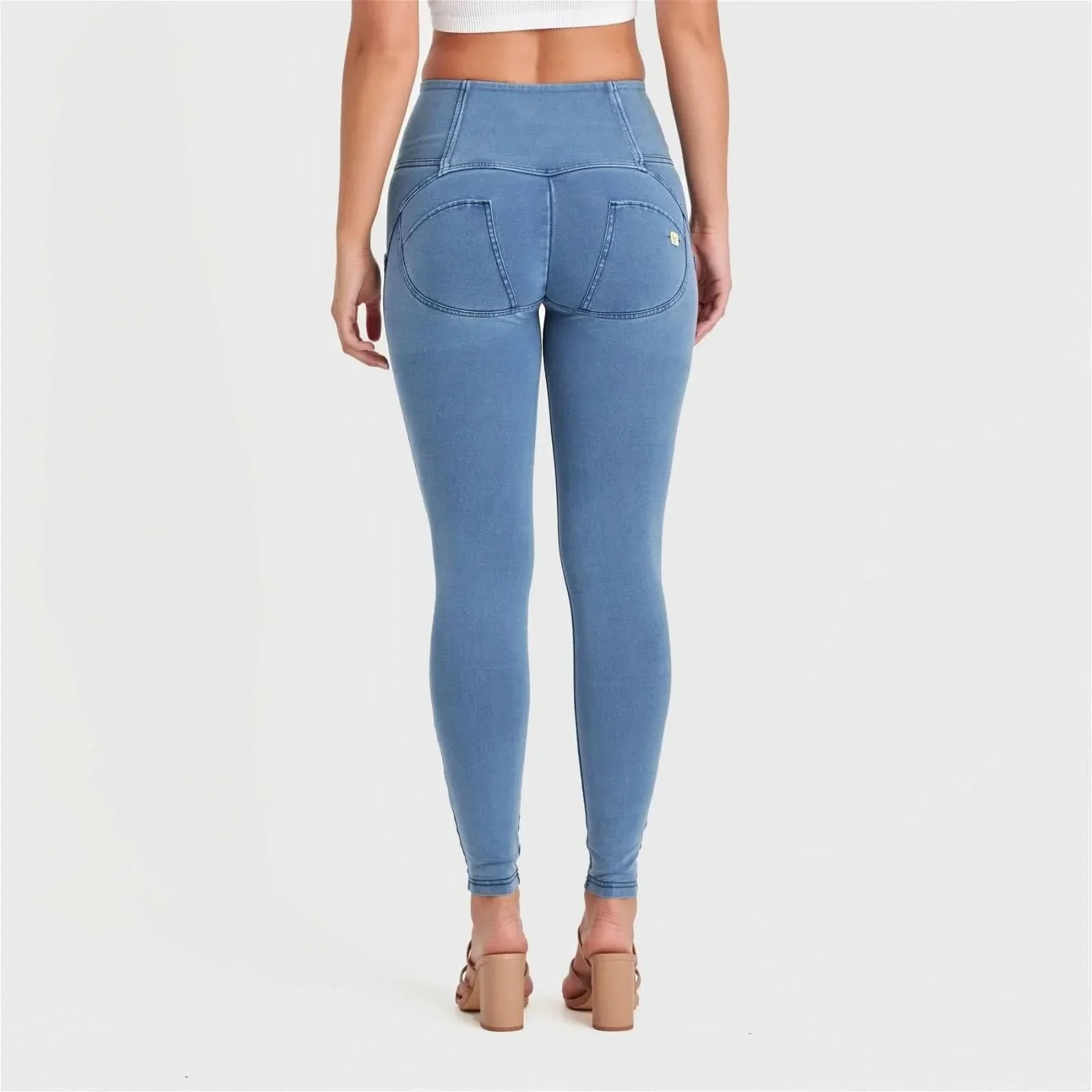 WRUP Denim - 3 Button High Waisted - Full Length - Light Blue + Blue Stitching - Image 5