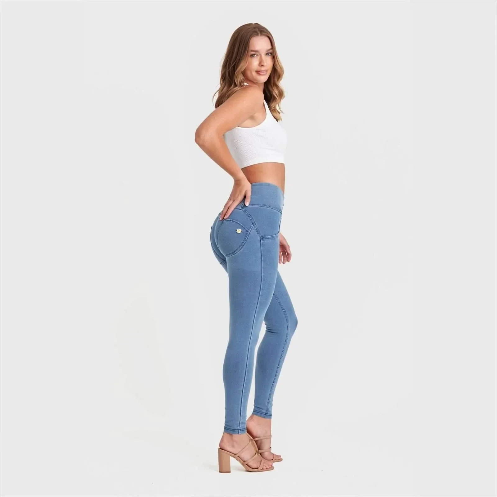 WRUP Denim - 3 Button High Waisted - Full Length - Light Blue + Blue Stitching - Image 7